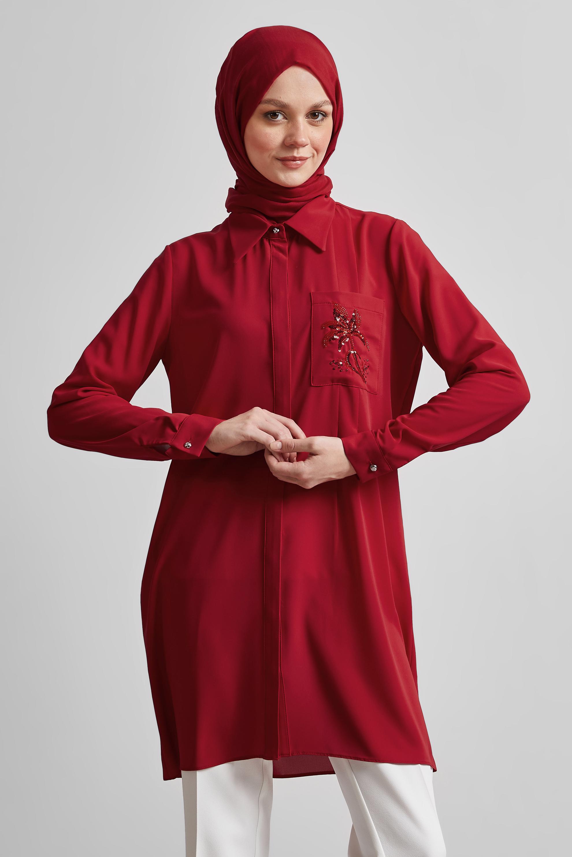 Tesettür giyim KIRMIZI BONCUK BASKILI TUNİK 44794