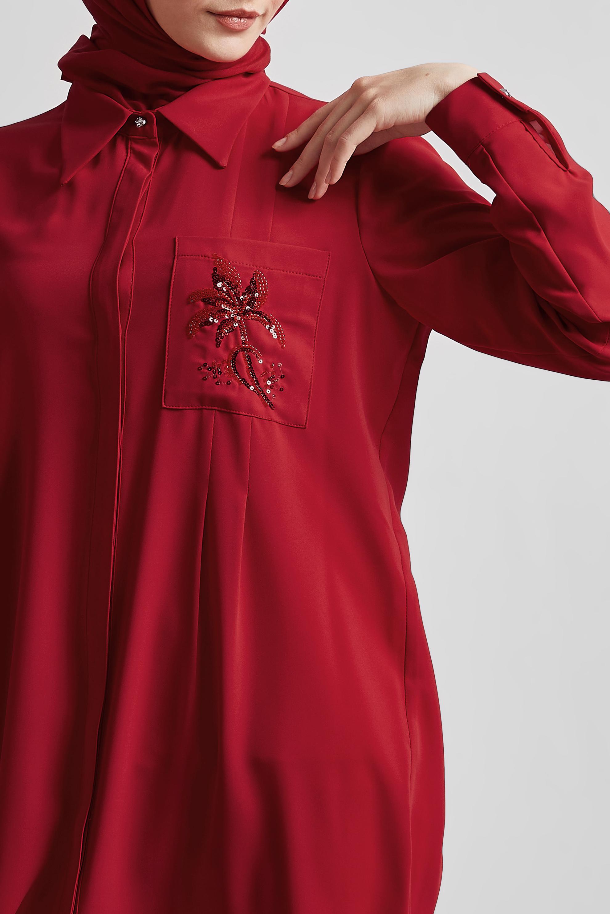 Tesettür giyim KIRMIZI BONCUK BASKILI TUNİK 44794