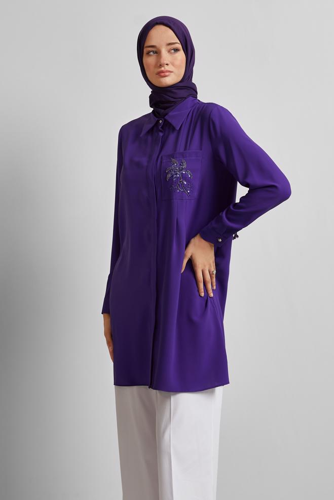 Hijab-Kleidung LILA TUNIKA MIT PERLENSTICKEREI 44794 - ALVİNA