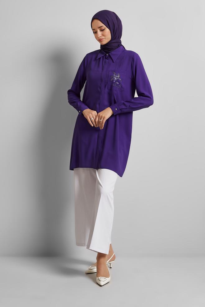 Hijab-Kleidung LILA TUNIKA MIT PERLENSTICKEREI 44794 - ALVİNA