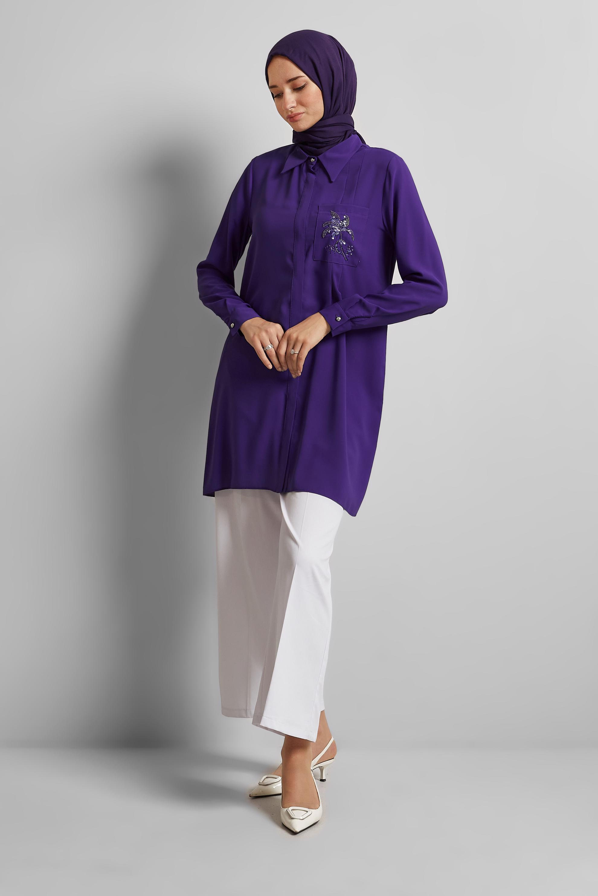 Tesettür giyim MOR BONCUK BASKILI TUNİK 44794