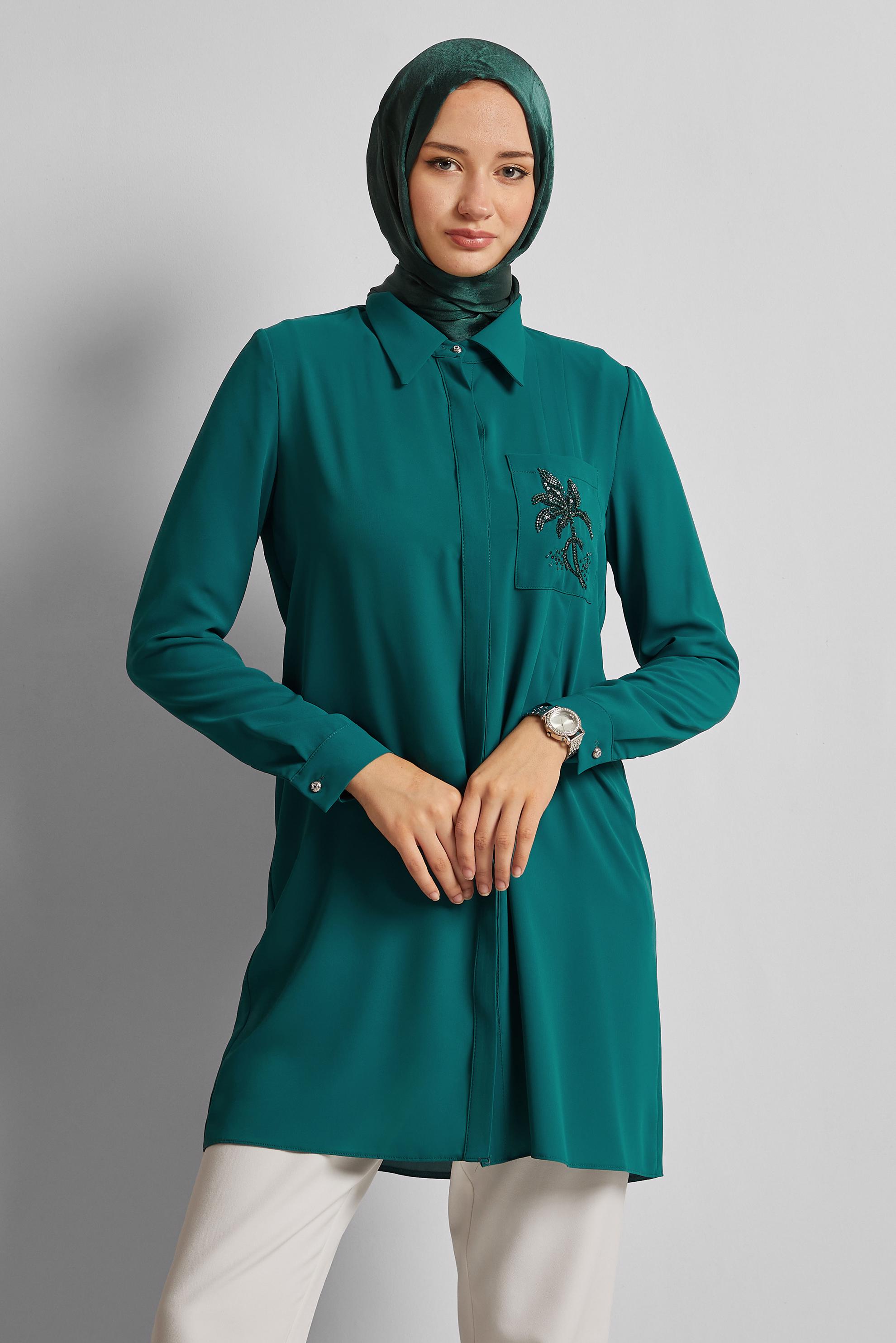 Tesettür giyim MAVİ BONCUK BASKILI TUNİK 44794