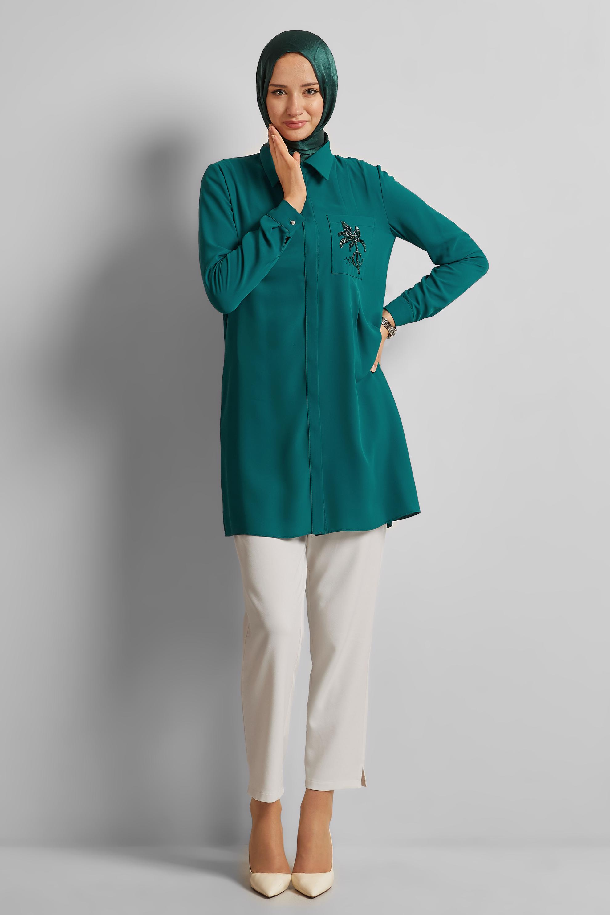 Tesettür giyim MAVİ BONCUK BASKILI TUNİK 44794