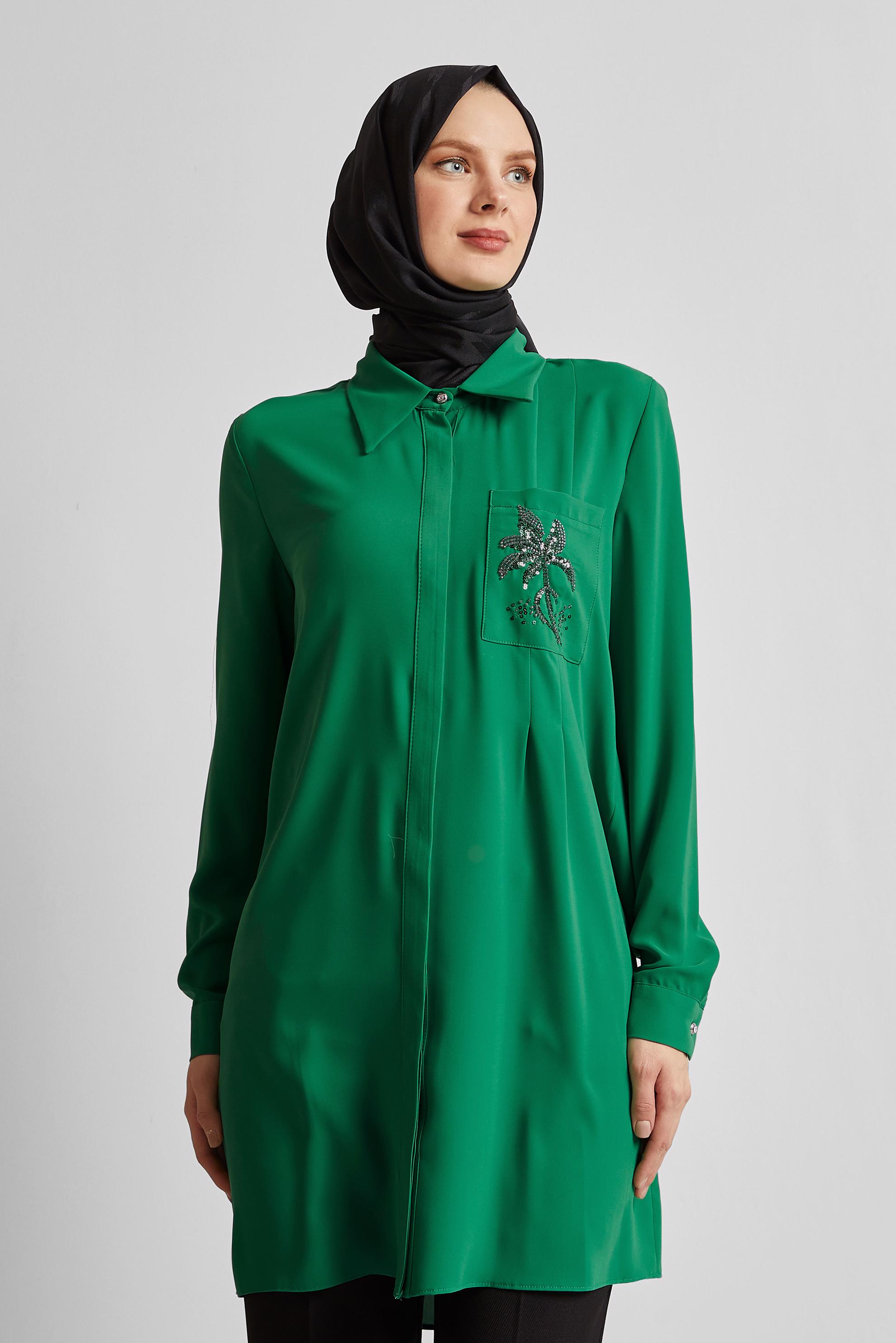 Tesettür giyim YEŞİL BONCUK BASKILI TUNİK 44794