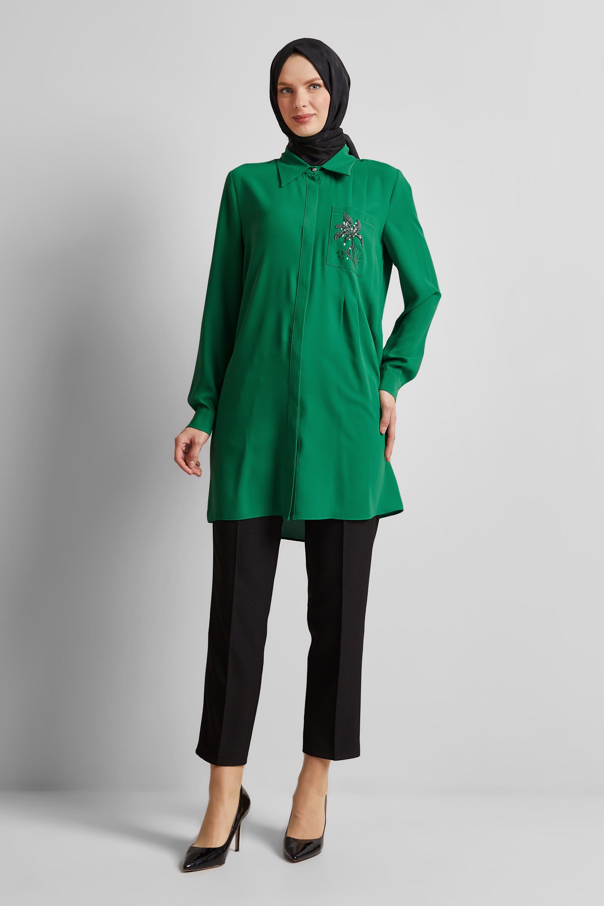 Tesettür giyim YEŞİL BONCUK BASKILI TUNİK 44794