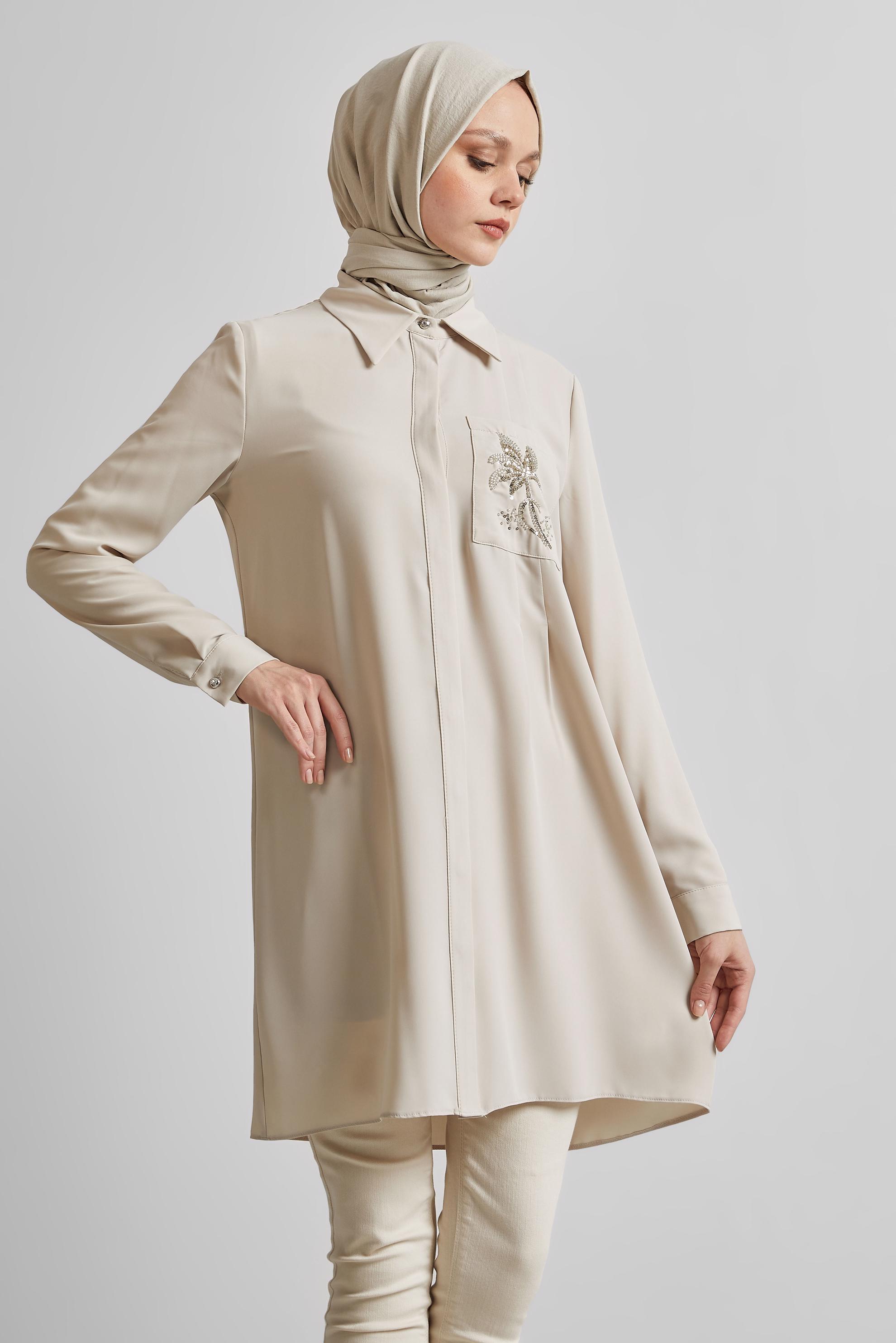 Tesettür giyim BEJ BONCUK BASKILI TUNİK 44794