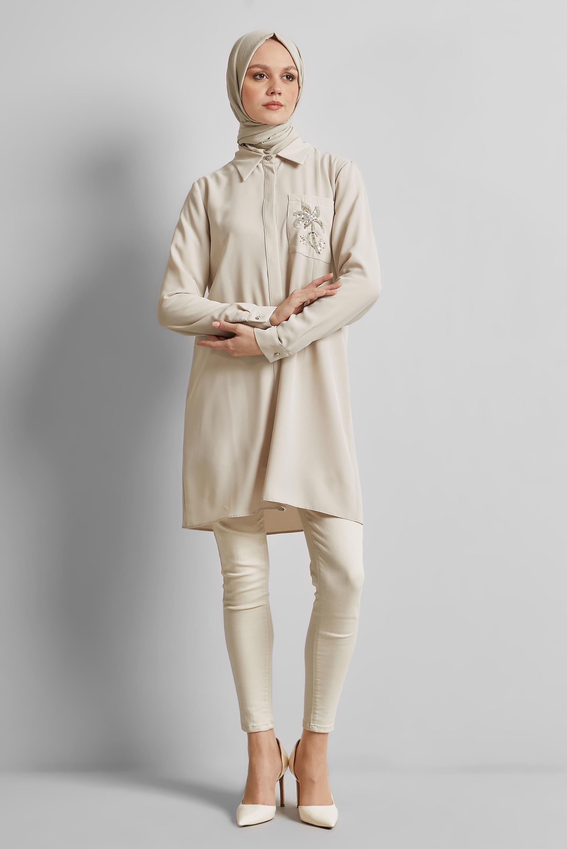 Tesettür giyim BEJ BONCUK BASKILI TUNİK 44794