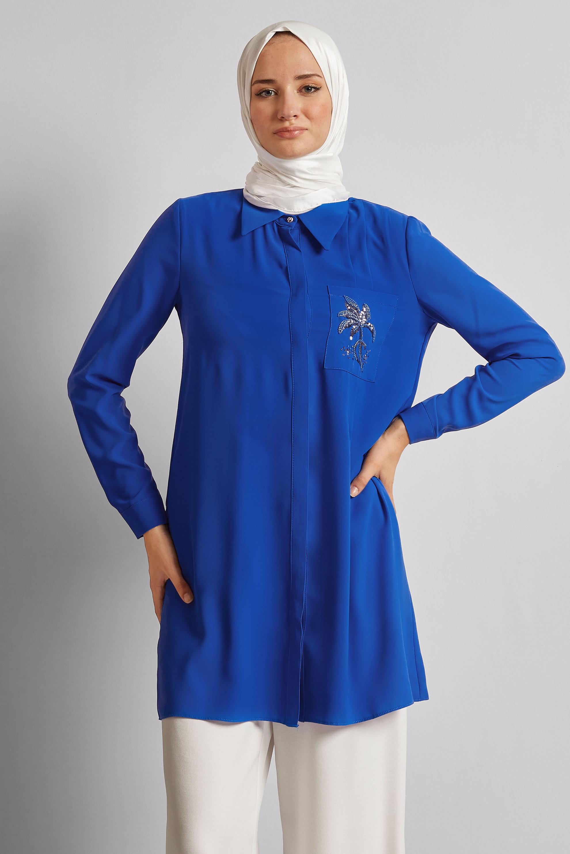 Tesettür giyim LACİVERT BONCUK BASKILI TUNİK 44794