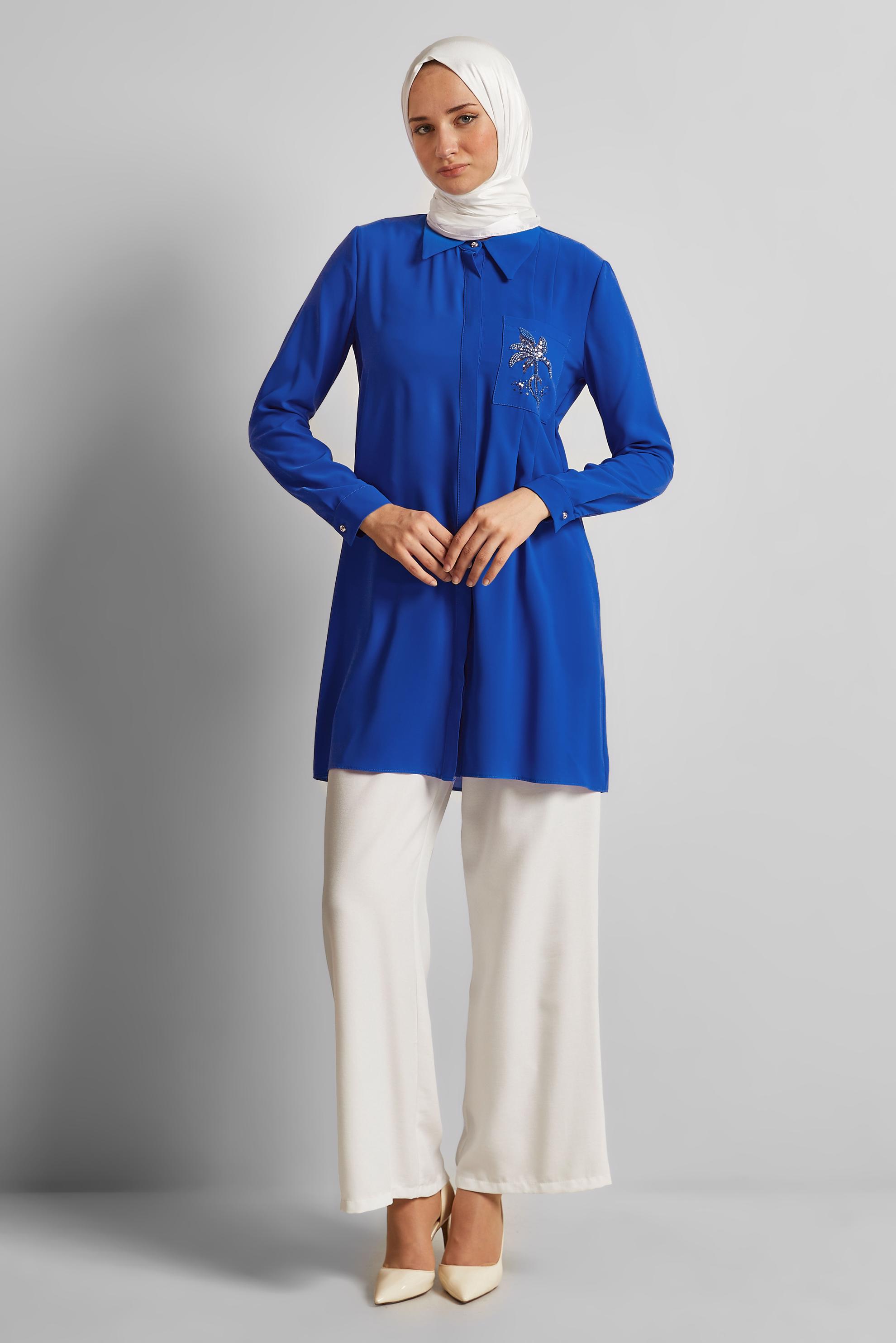 Tesettür giyim LACİVERT BONCUK BASKILI TUNİK 44794