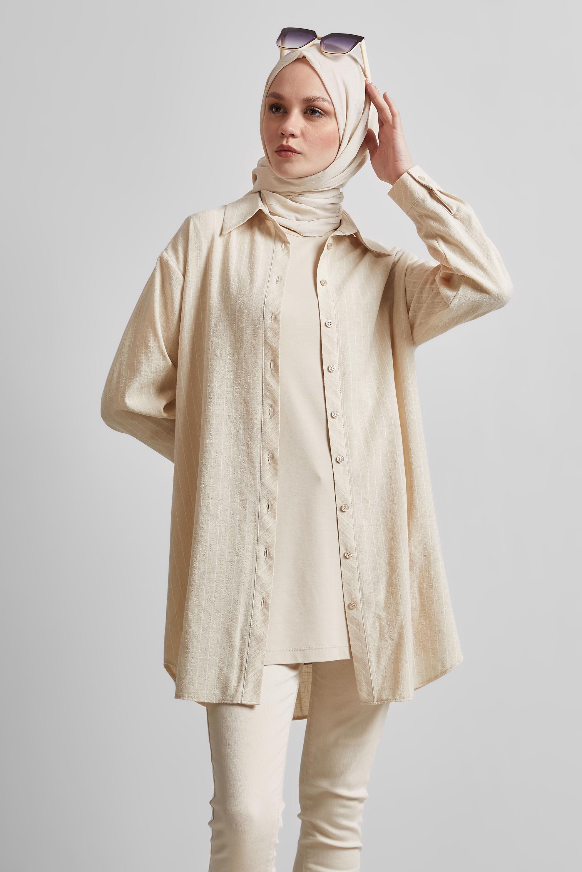Tesettür giyim BEJ ÇİZGİLİ GÖMLEK TUNİK 44800