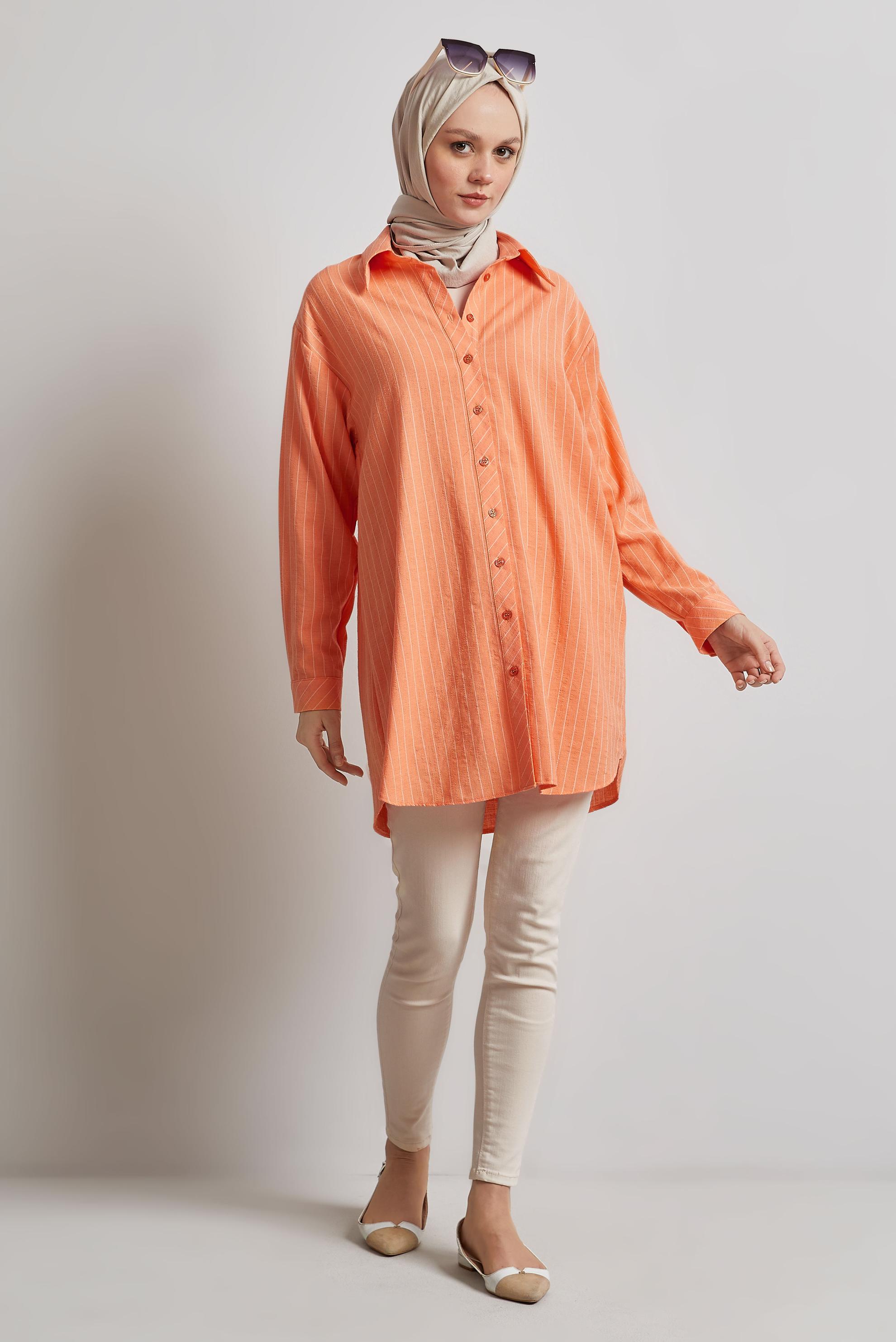 Tesettür giyim TURUNCU ÇİZGİLİ GÖMLEK TUNİK 44800