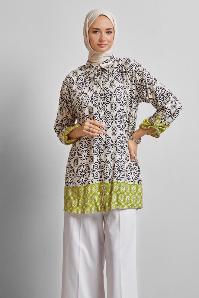 Hijab-Kleidung NAVY BLAU GEMUSTERTE TUNIKA 44803 - ALVİNA