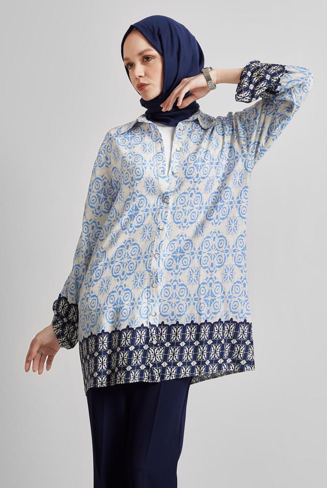 Tesettür giyim MAVİ DESENLİ TUNİK 44803 - ALVİNA