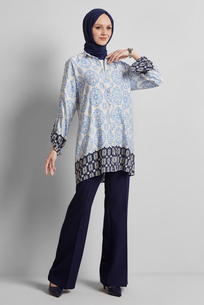 Tesettür giyim MAVİ DESENLİ TUNİK 44803 - ALVİNA