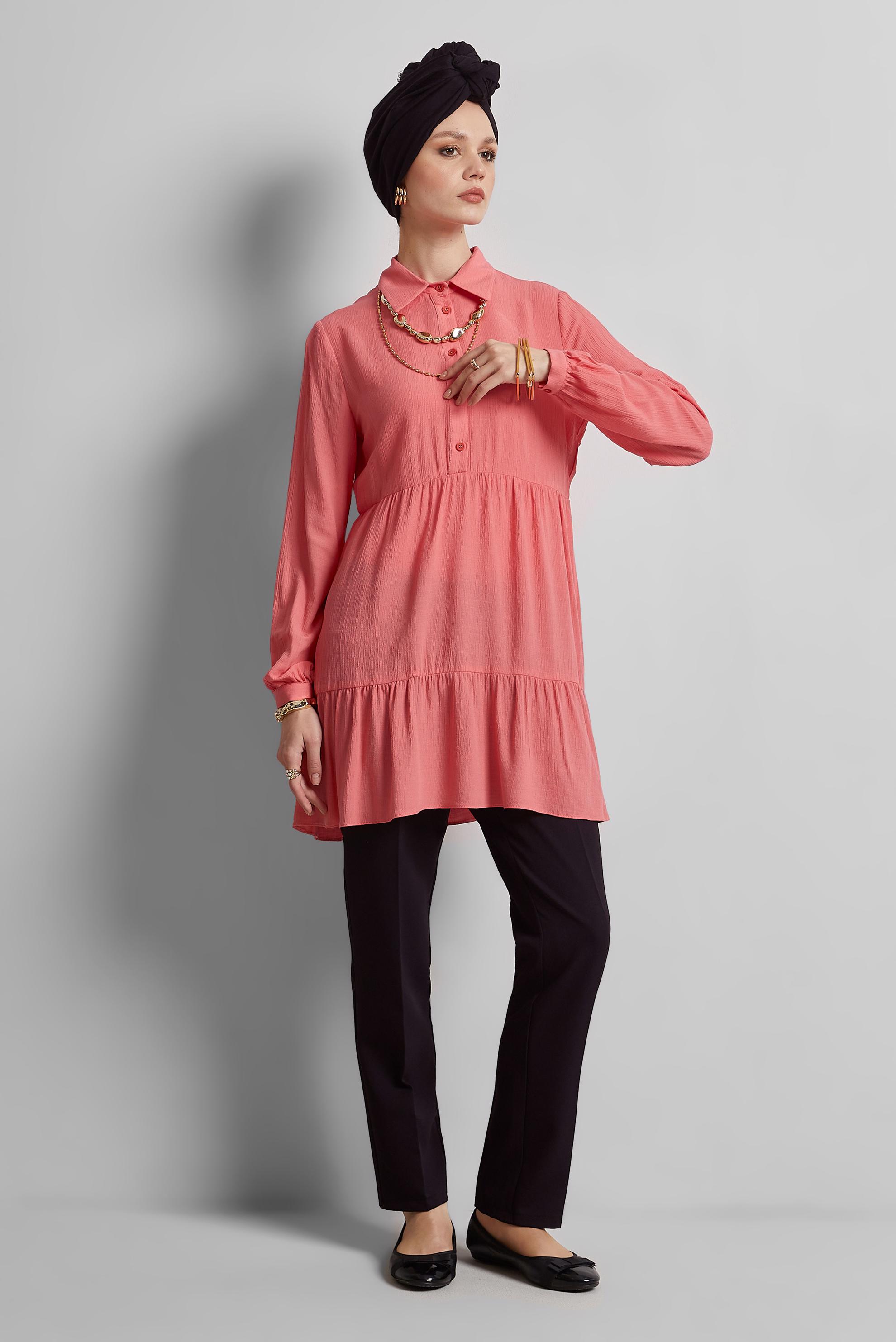 Tesettür giyim MERCAN GÖMLEK YAKA TUNİK 44809