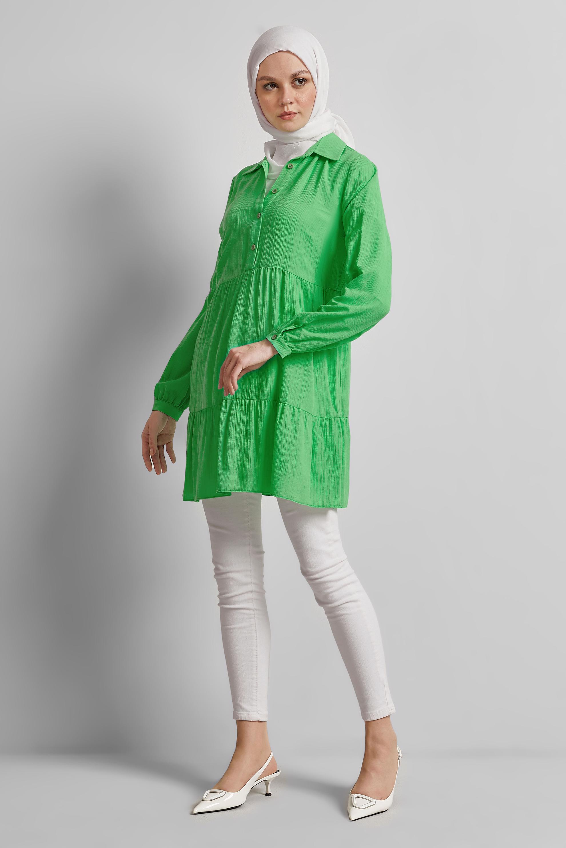 Tesettür giyim YEŞİL GÖMLEK YAKA TUNİK 44809