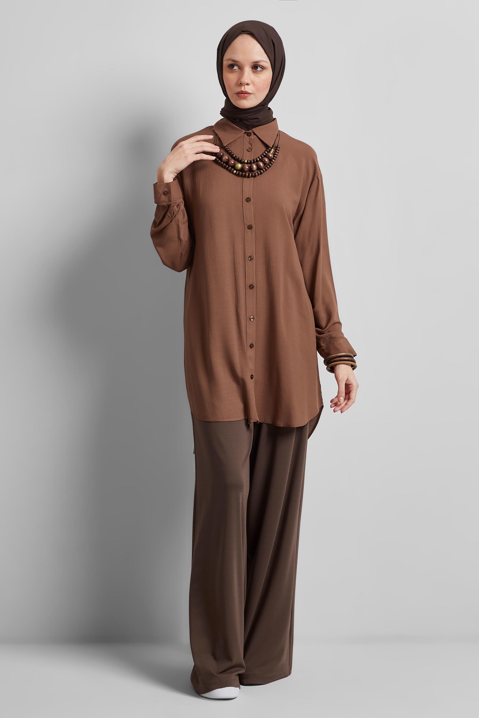Tesettür giyim KAHVE GÖMLEK YAKA TUNİK 44810