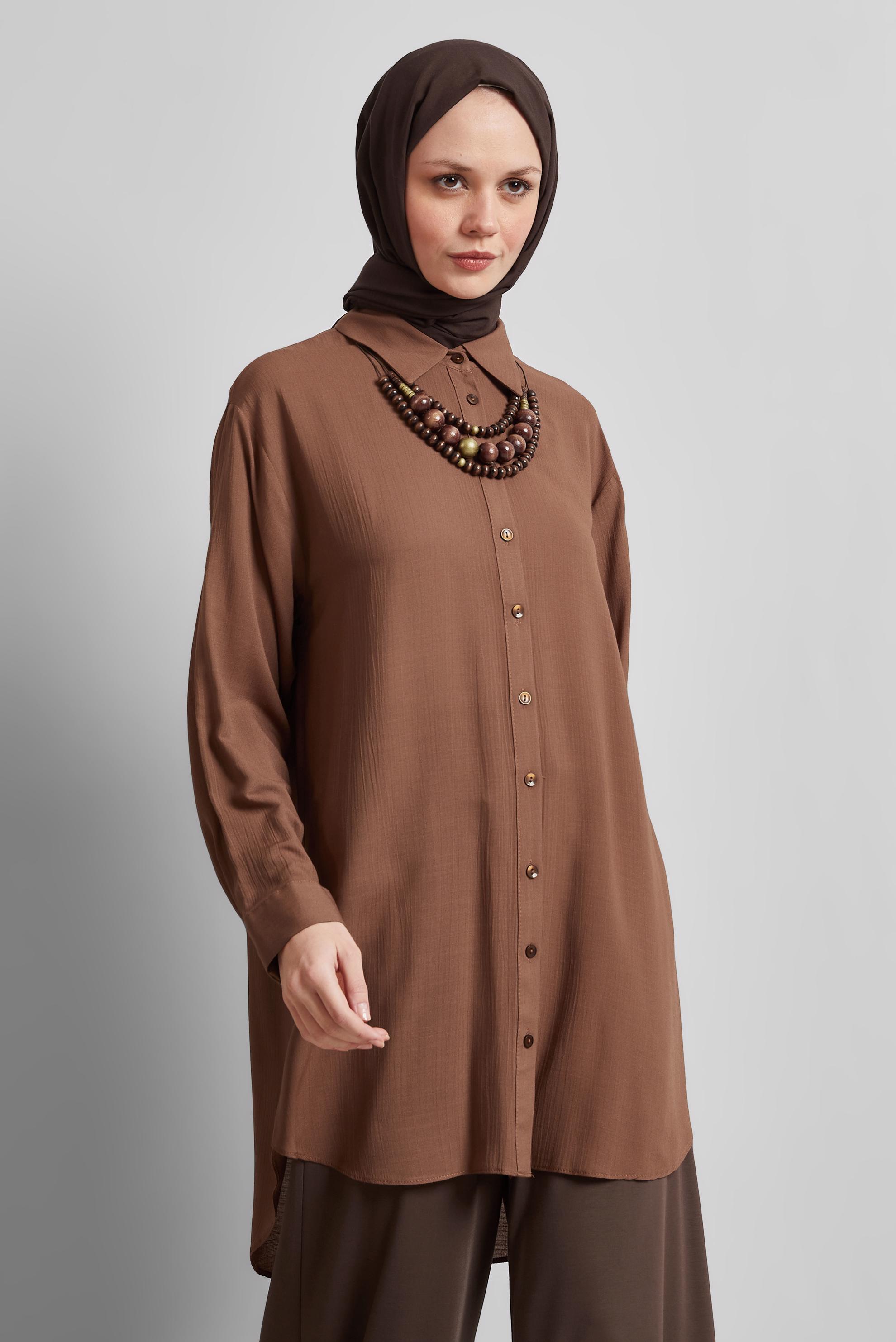Tesettür giyim KAHVE GÖMLEK YAKA TUNİK 44810
