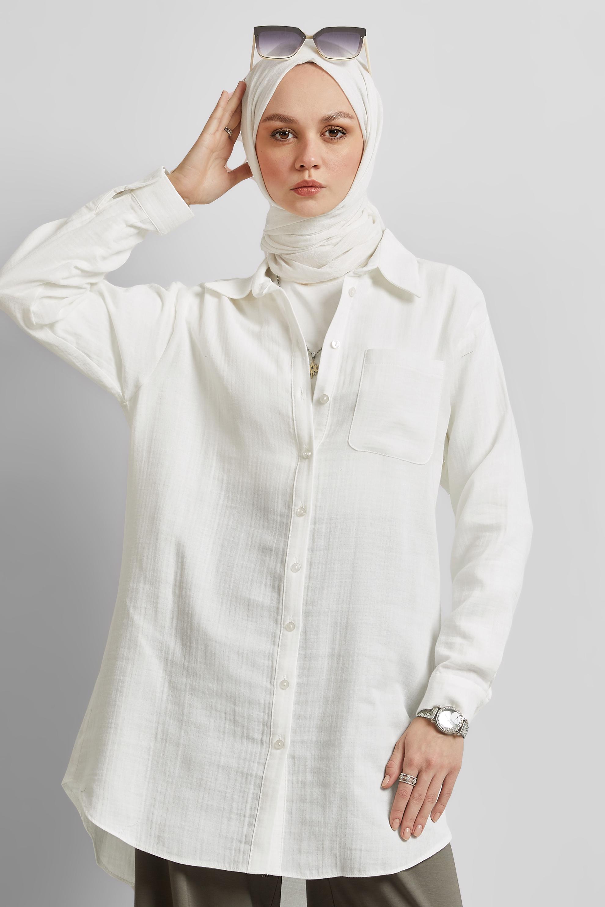 Tesettür giyim BEYAZ PAMUKLU GÖMLEK TUNİK 44811