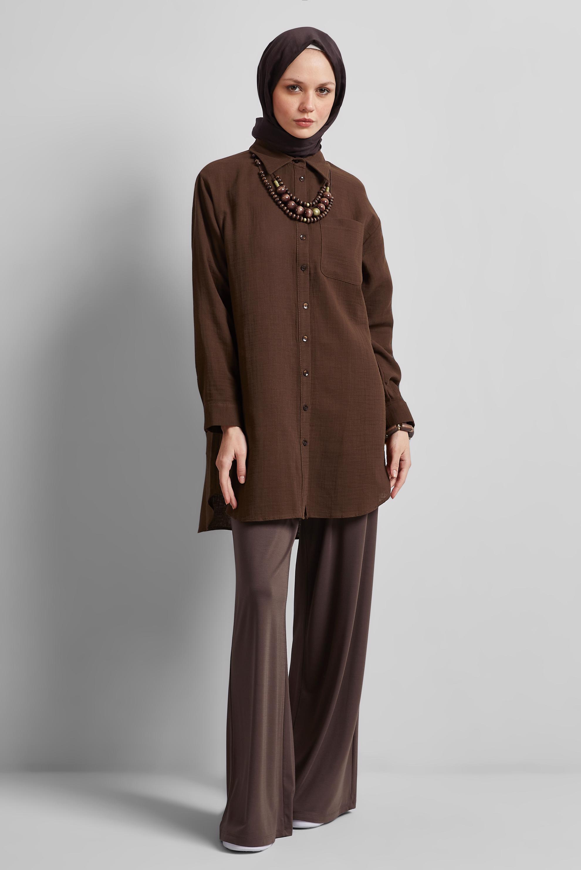 Tesettür giyim KAHVE PAMUKLU GÖMLEK TUNİK 44811