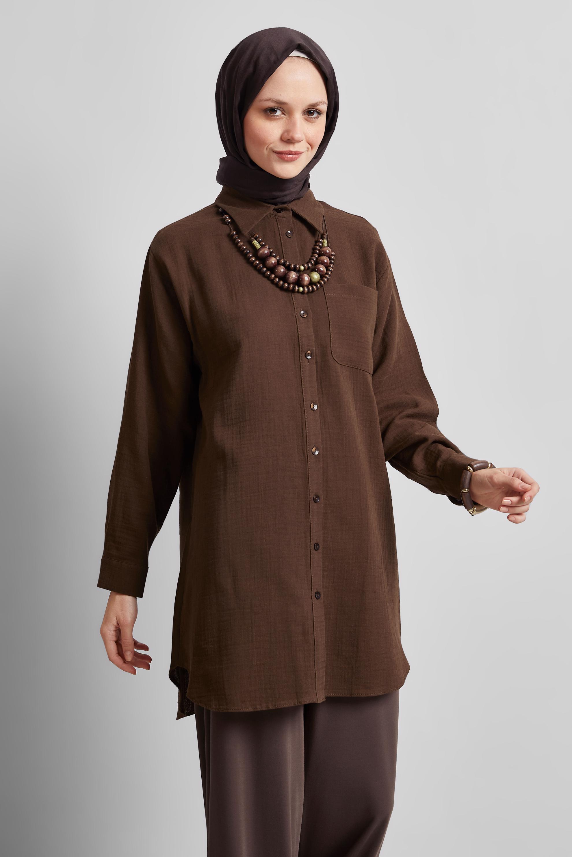 Tesettür giyim KAHVE PAMUKLU GÖMLEK TUNİK 44811