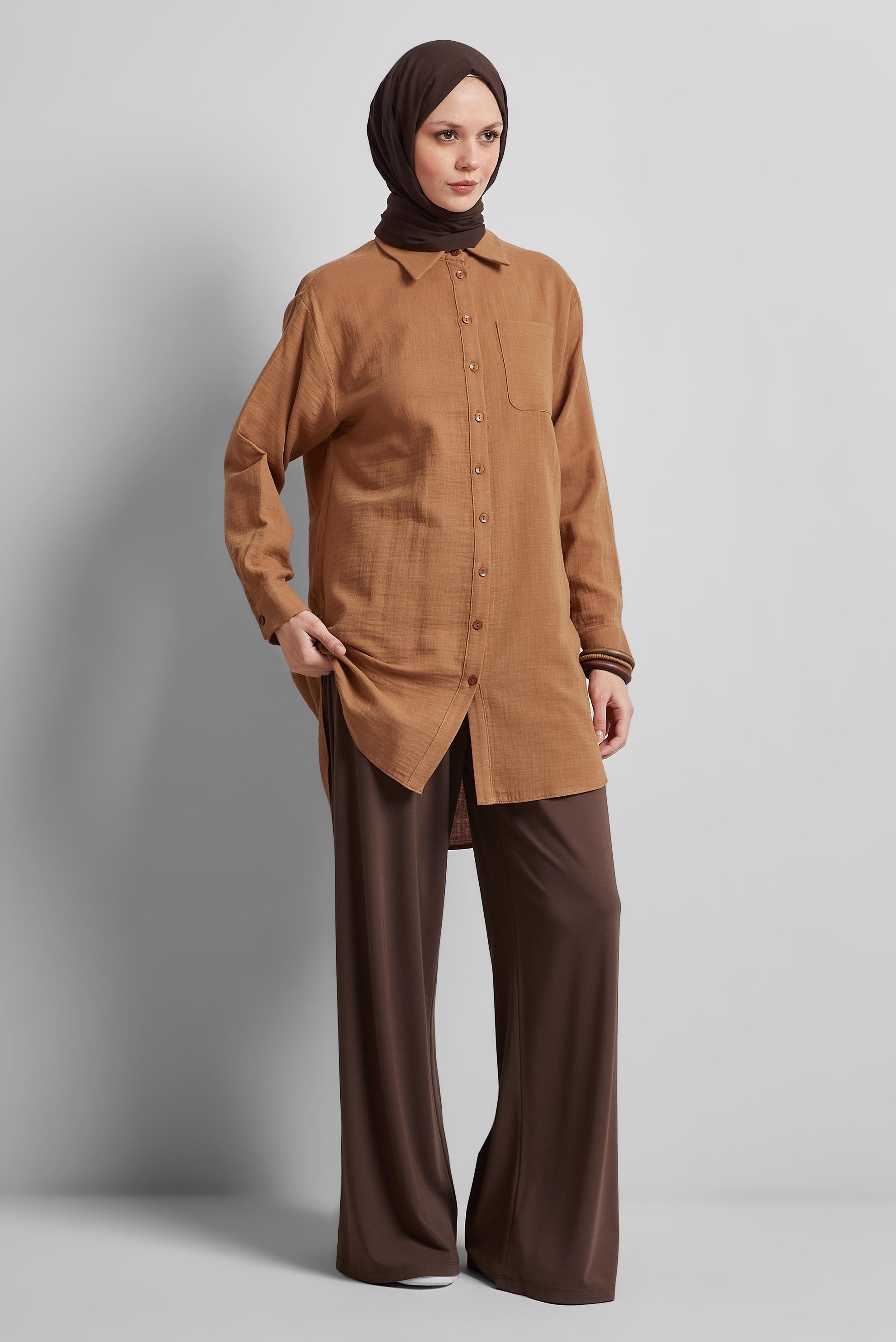 Tesettür giyim TABA PAMUKLU GÖMLEK TUNİK 44811