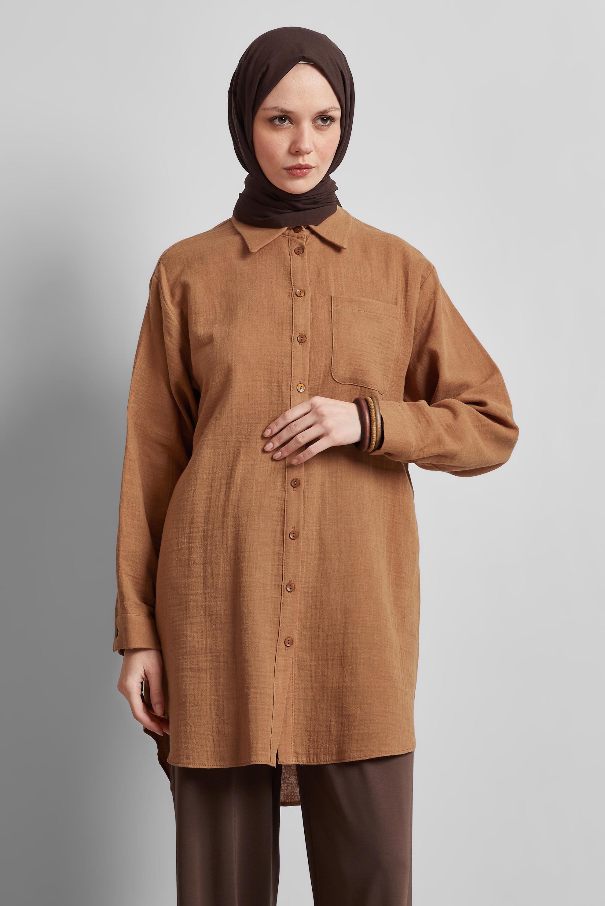 Tesettür giyim TABA PAMUKLU GÖMLEK TUNİK 44811