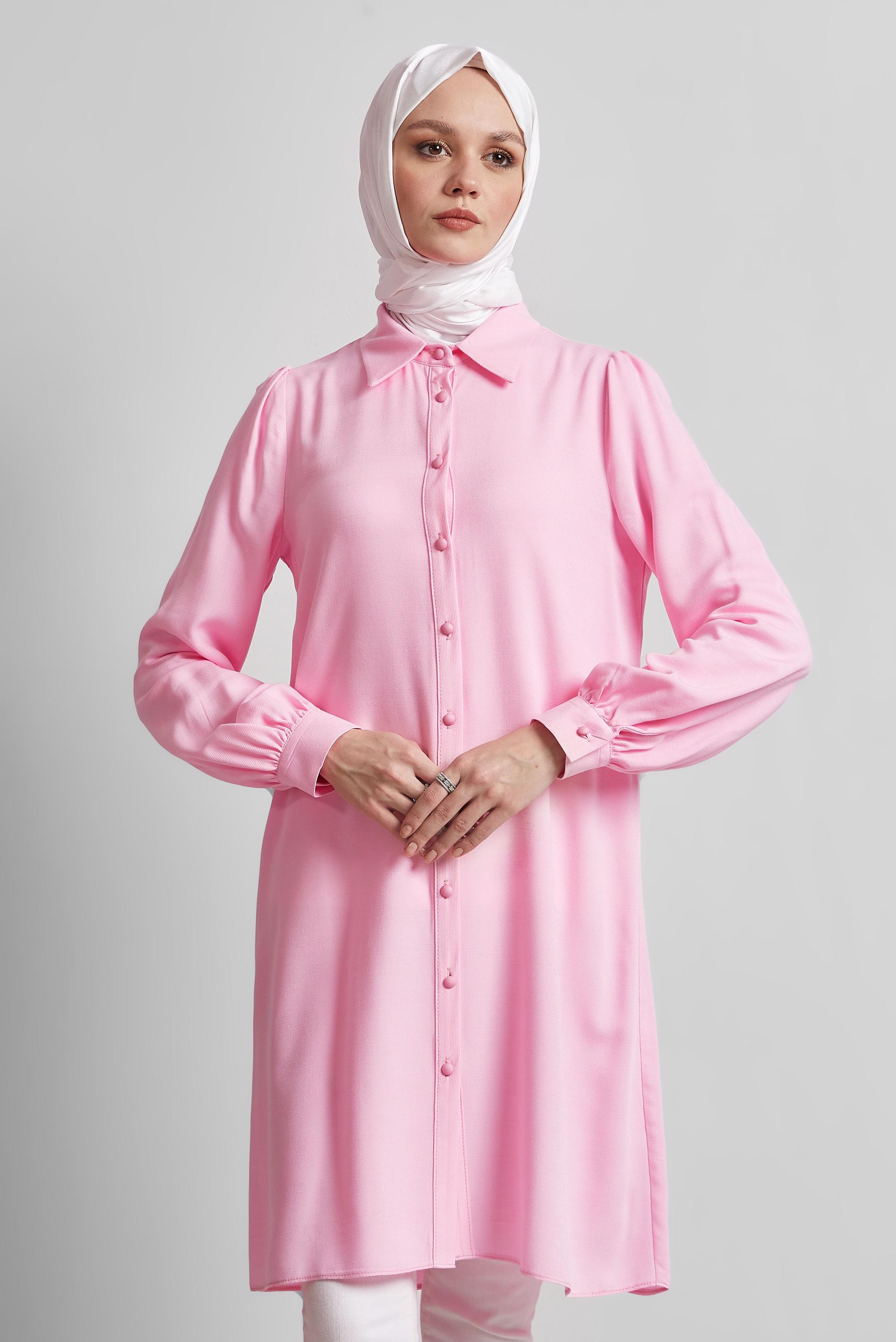 Tesettür giyim PEMBE GÖMLEK YAKA TUNİK 44812