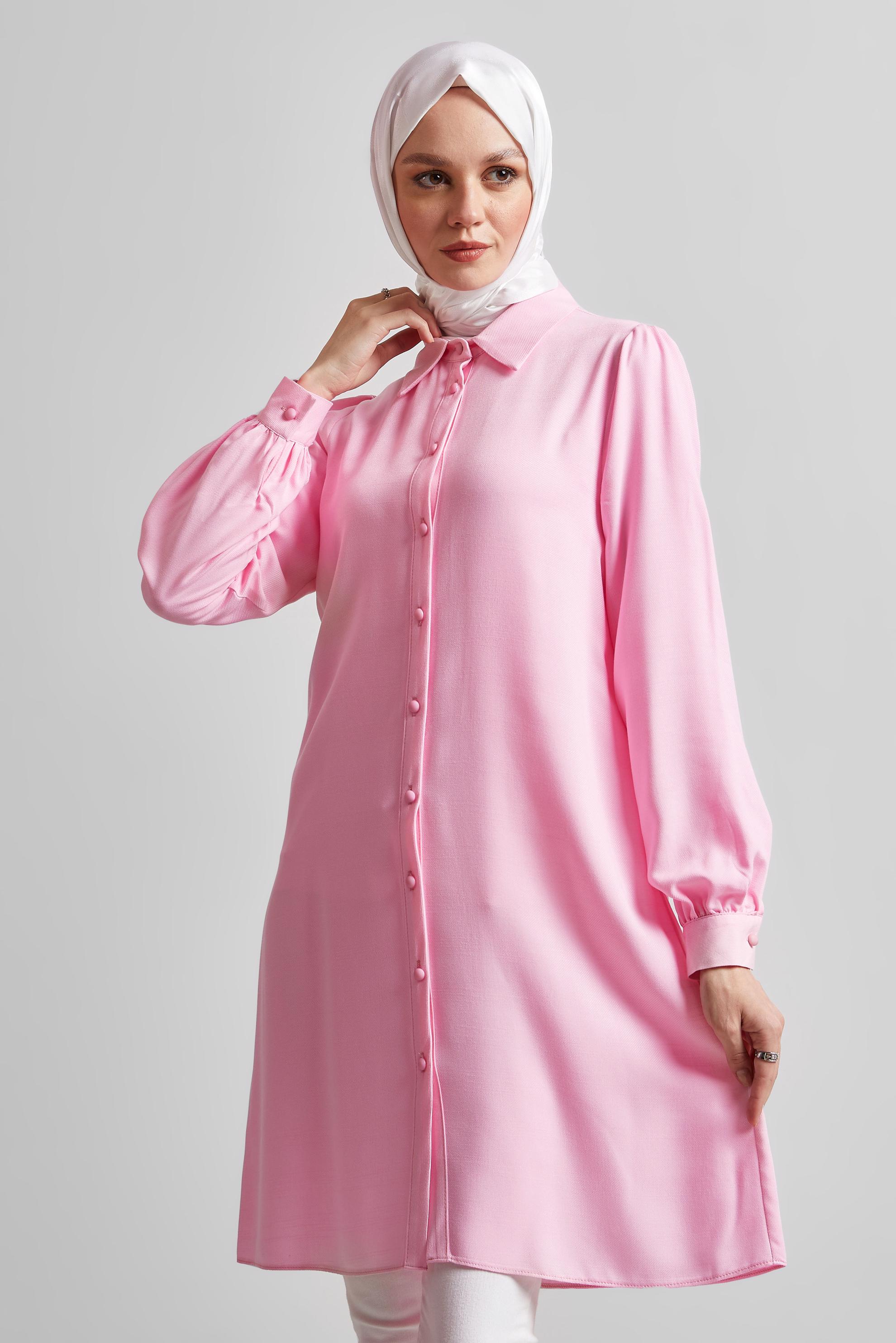 Tesettür giyim PEMBE GÖMLEK YAKA TUNİK 44812
