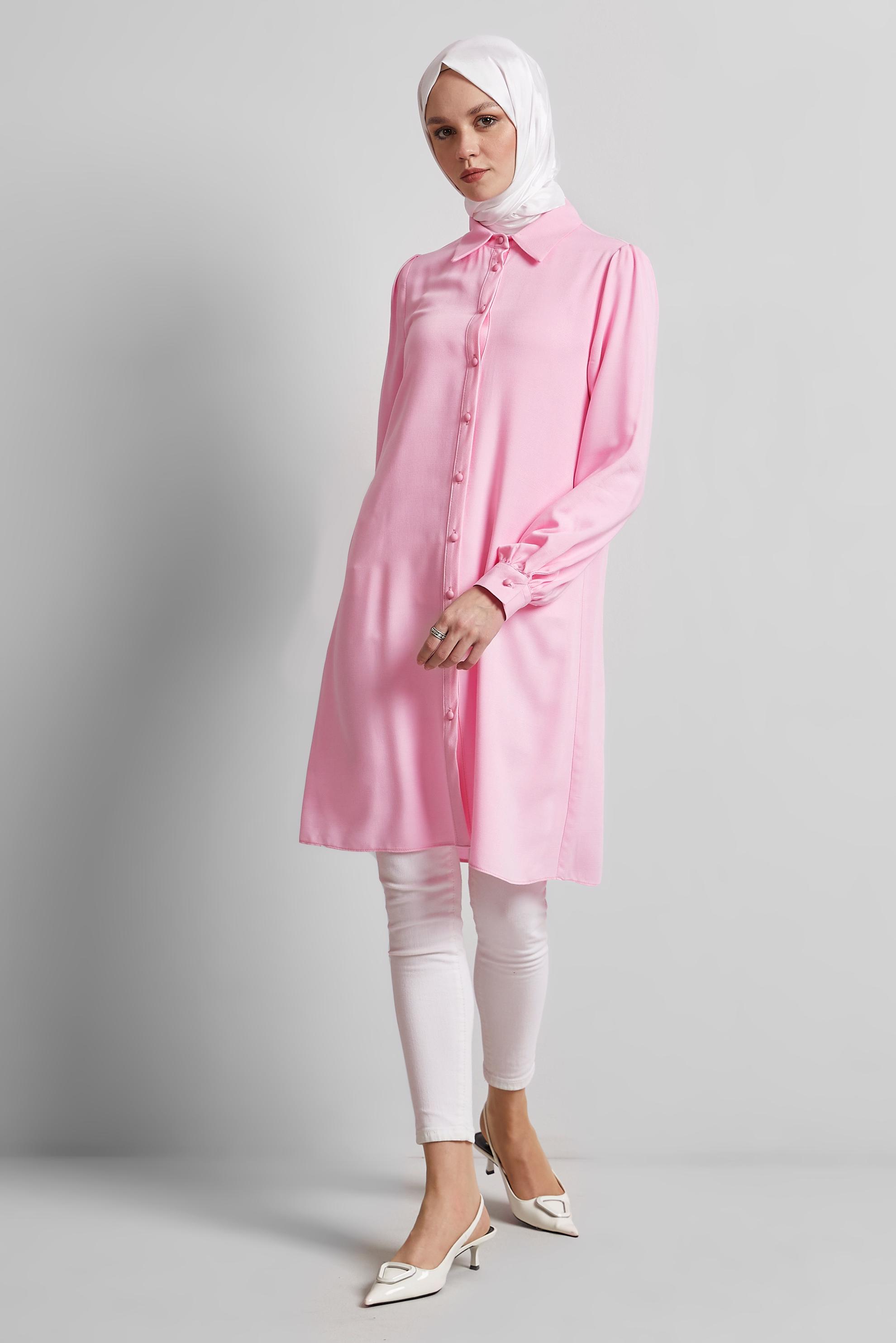 Tesettür giyim PEMBE GÖMLEK YAKA TUNİK 44812