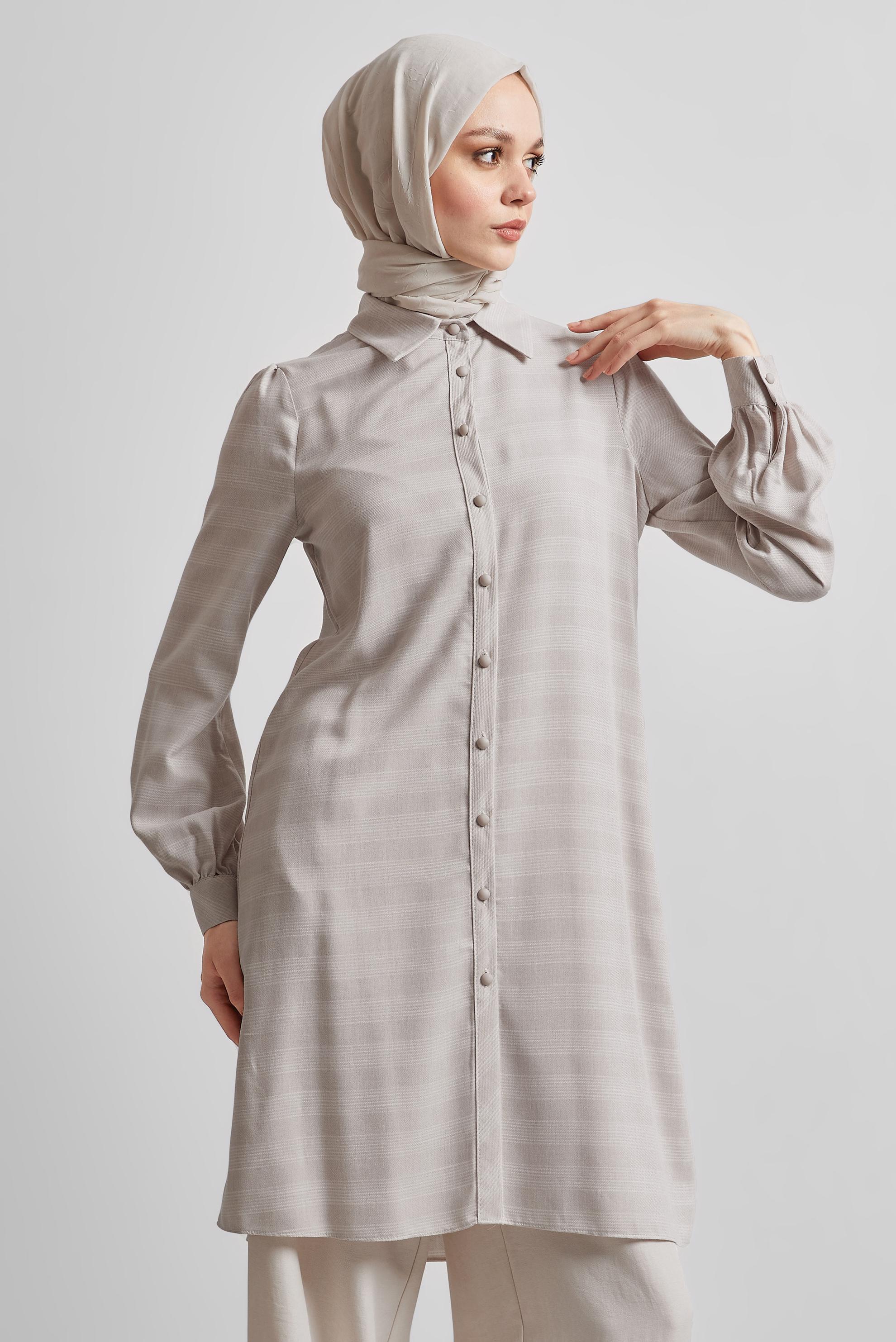 Tesettür giyim BEJ GÖMLEK YAKA TUNİK 44812