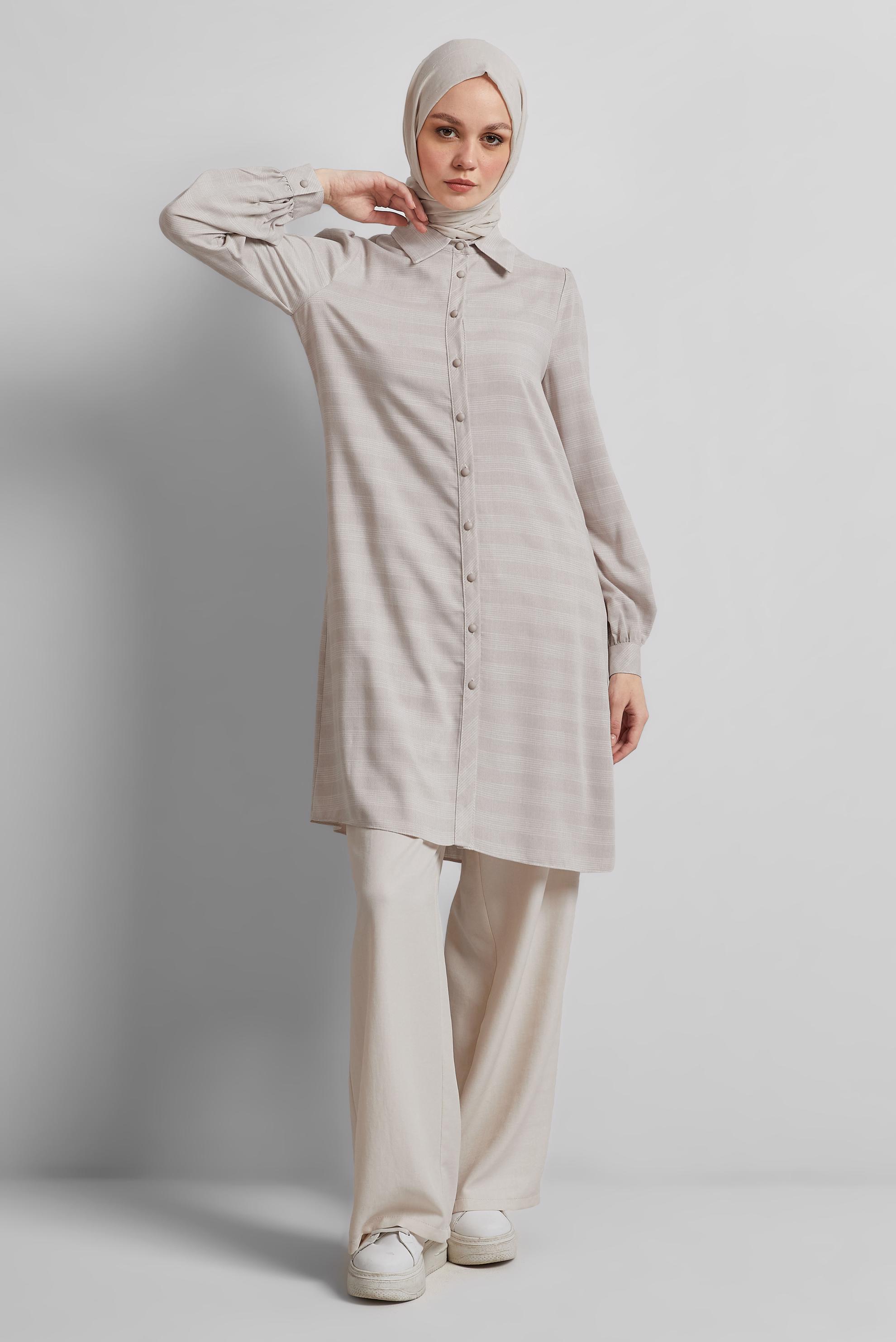 Tesettür giyim BEJ GÖMLEK YAKA TUNİK 44812