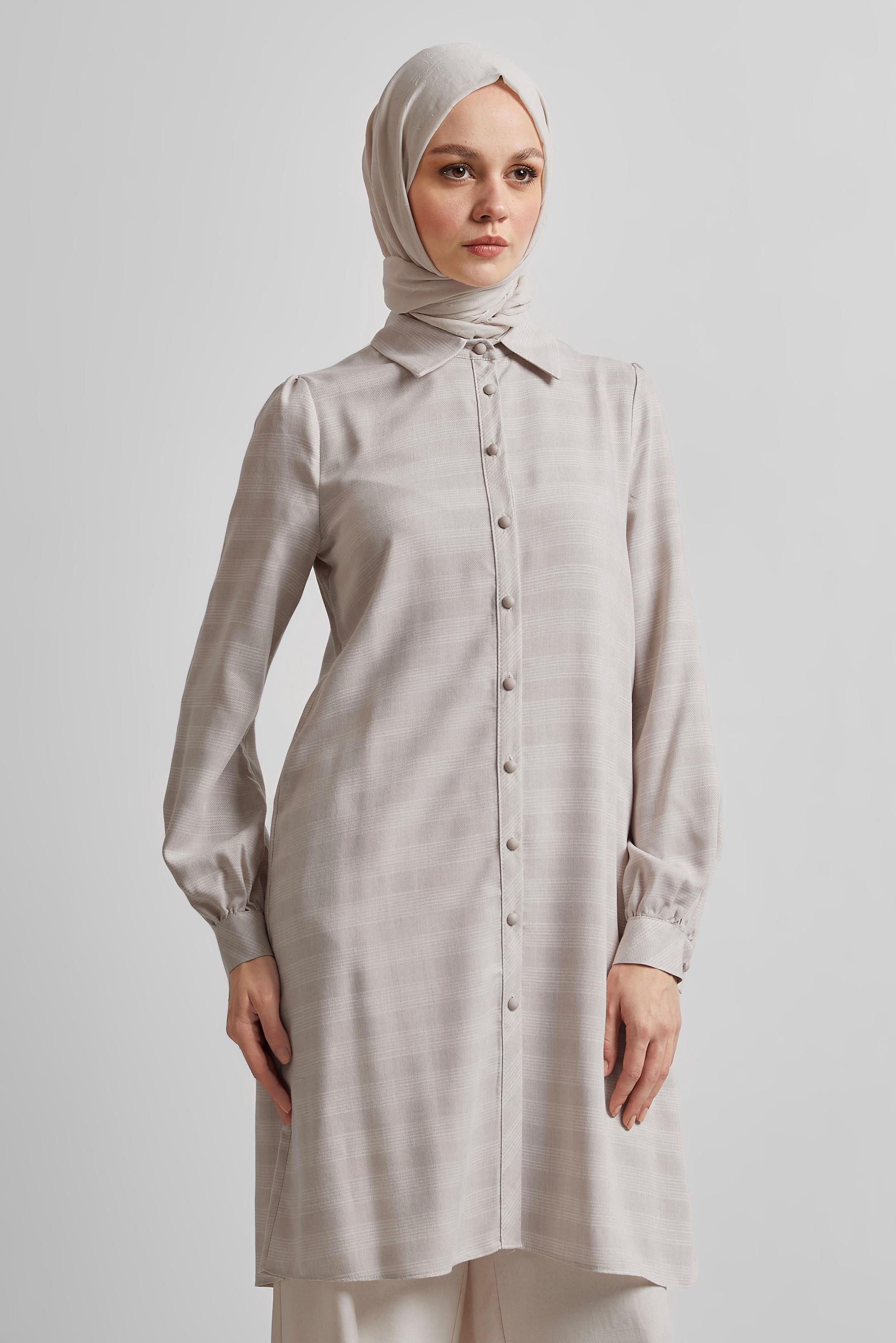 Tesettür giyim BEJ GÖMLEK YAKA TUNİK 44812