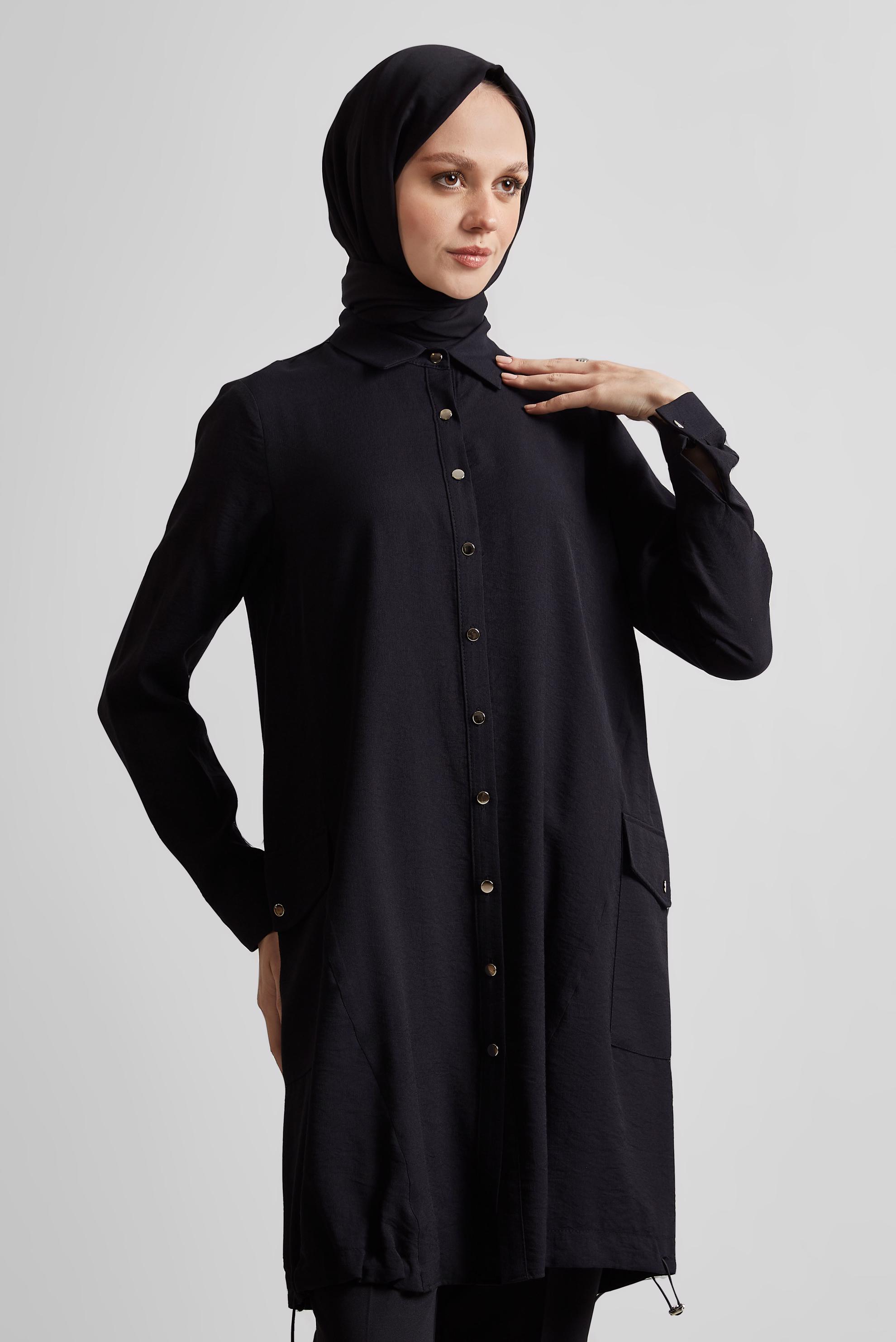 Tesettür giyim SİYAH BÜZGÜ DETAYLI TUNİK 44814