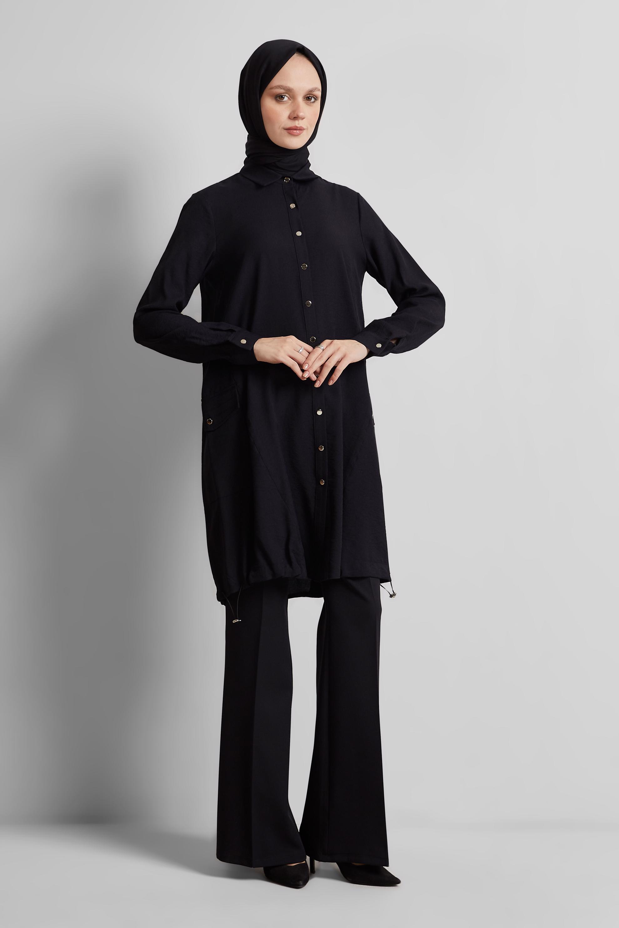 Tesettür giyim SİYAH BÜZGÜ DETAYLI TUNİK 44814