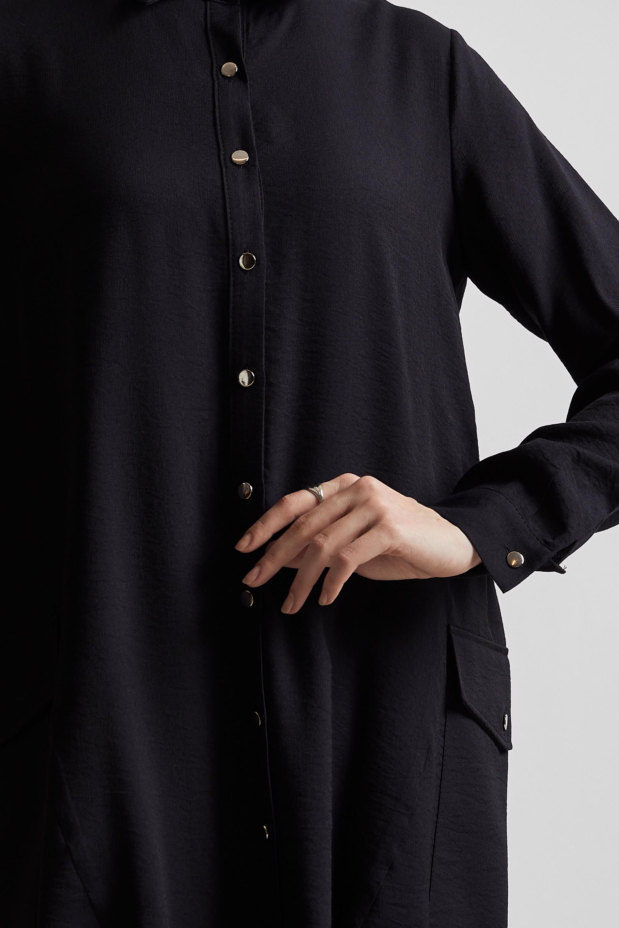 Tesettür giyim SİYAH BÜZGÜ DETAYLI TUNİK 44814