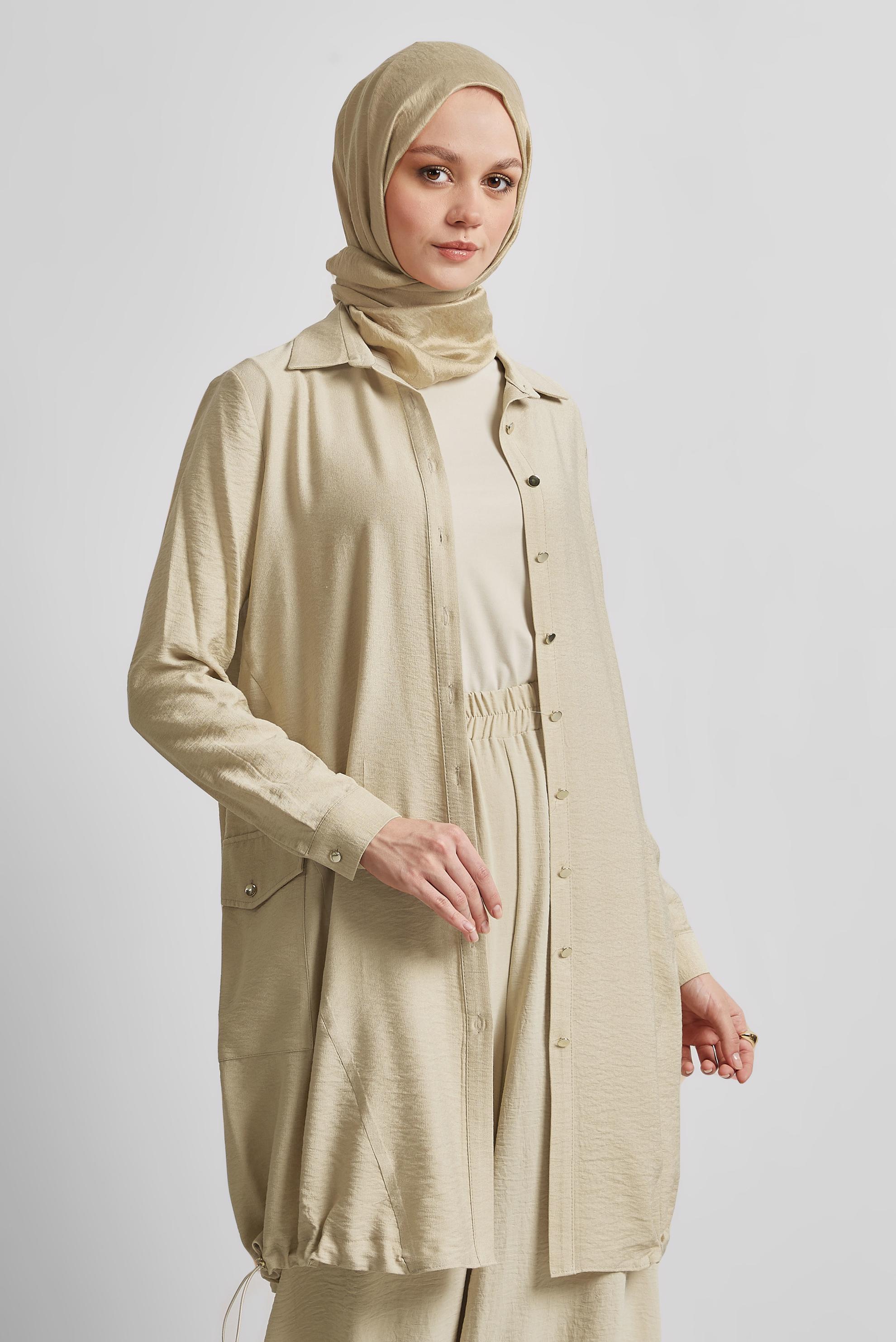 Tesettür giyim BEJ BÜZGÜ DETAYLI TUNİK 44814