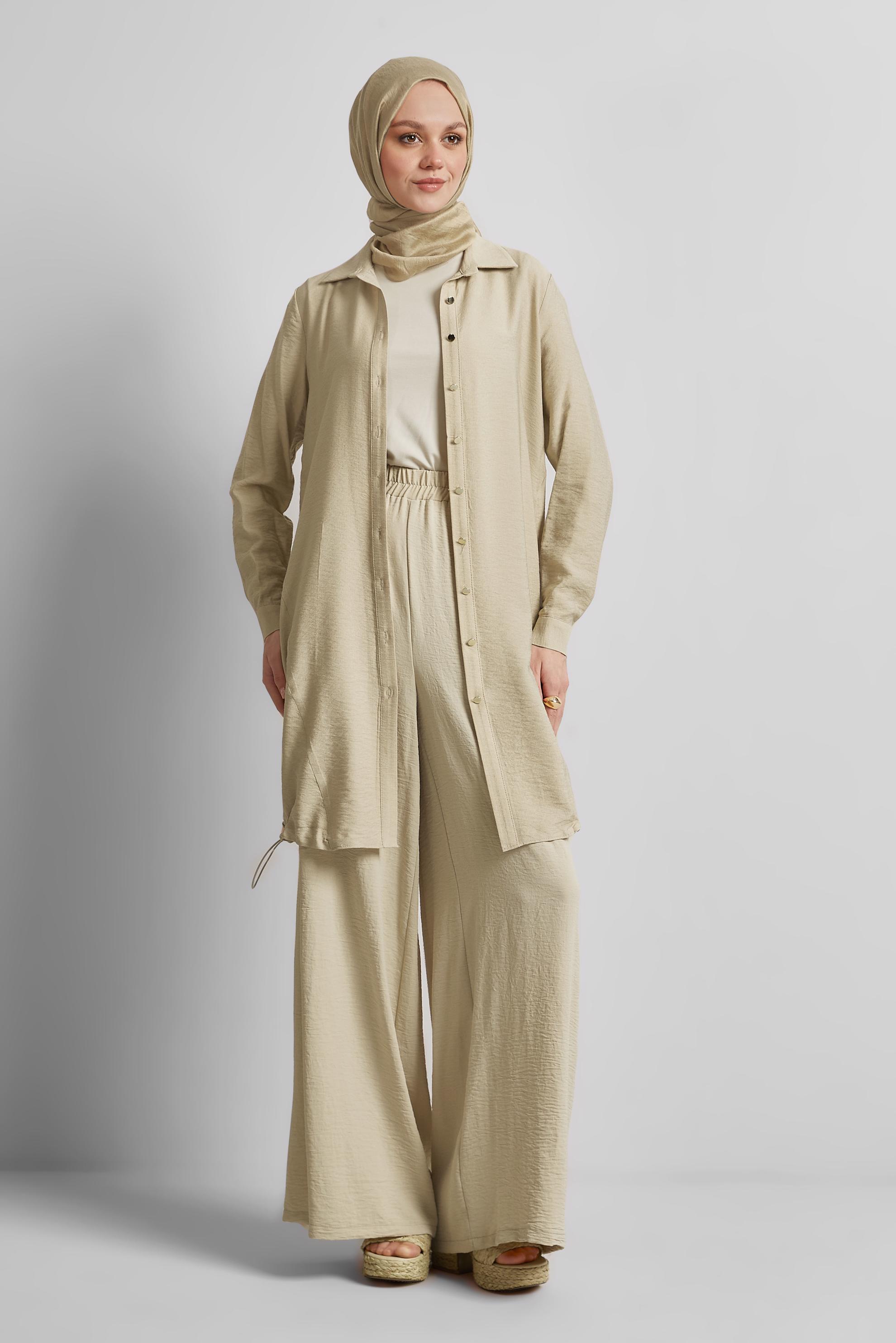 Tesettür giyim BEJ BÜZGÜ DETAYLI TUNİK 44814