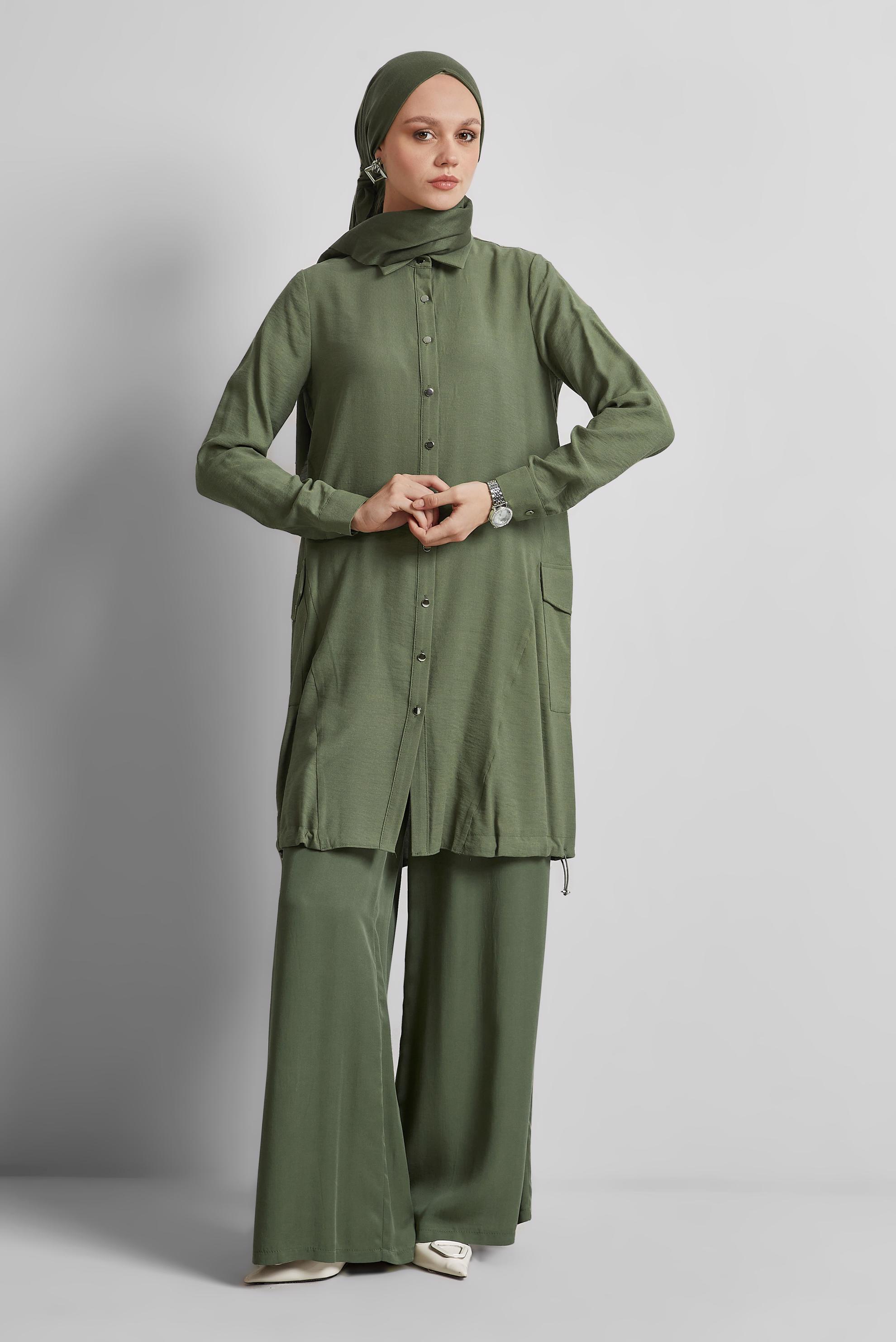 Tesettür giyim HAKİ BÜZGÜ DETAYLI TUNİK 44814