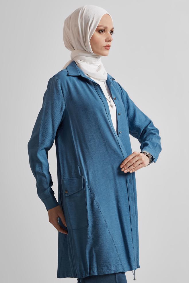 Tesettür giyim LACİVERT BÜZGÜ DETAYLI TUNİK 44814 - ALVİNA