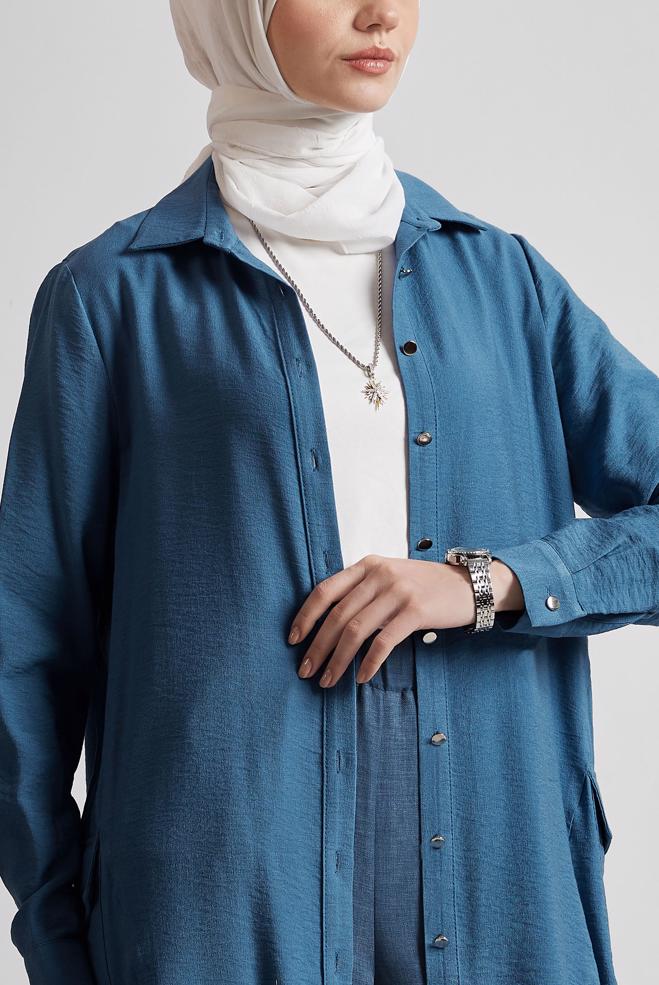 Tesettür giyim LACİVERT BÜZGÜ DETAYLI TUNİK 44814 - ALVİNA