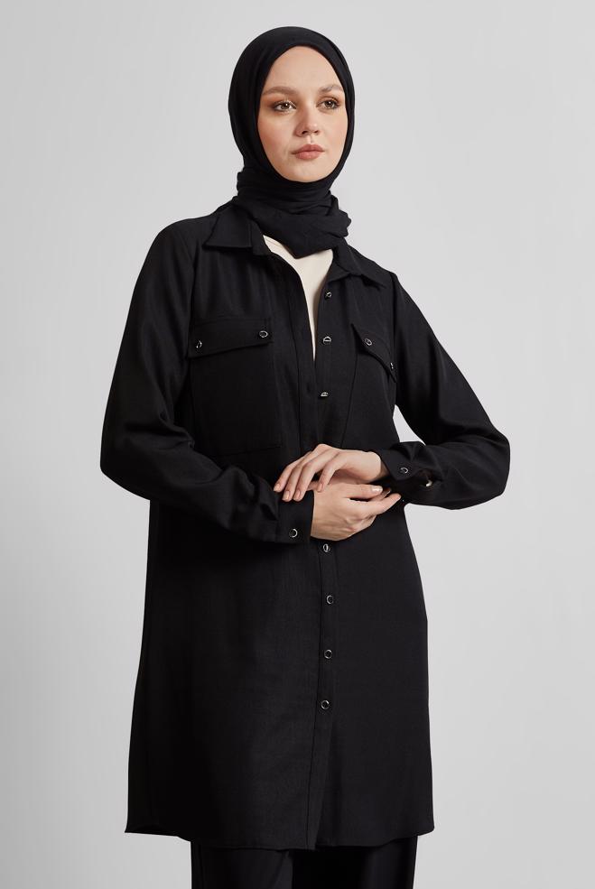 Tesettür giyim SİYAH GÖMLEK YAKA TUNİK 44815 - ALVİNA
