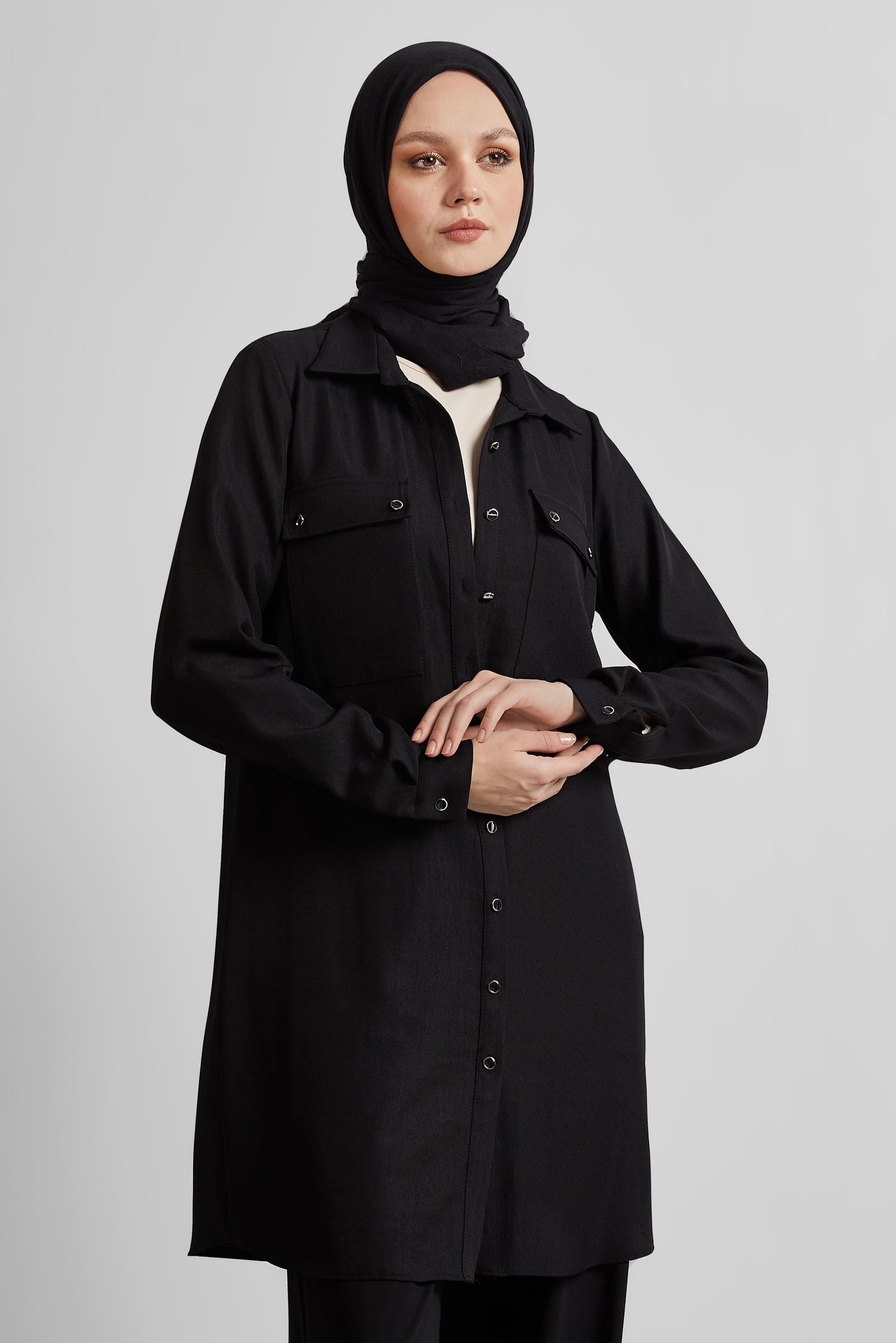 Tesettür giyim SİYAH GÖMLEK YAKA TUNİK 44815
