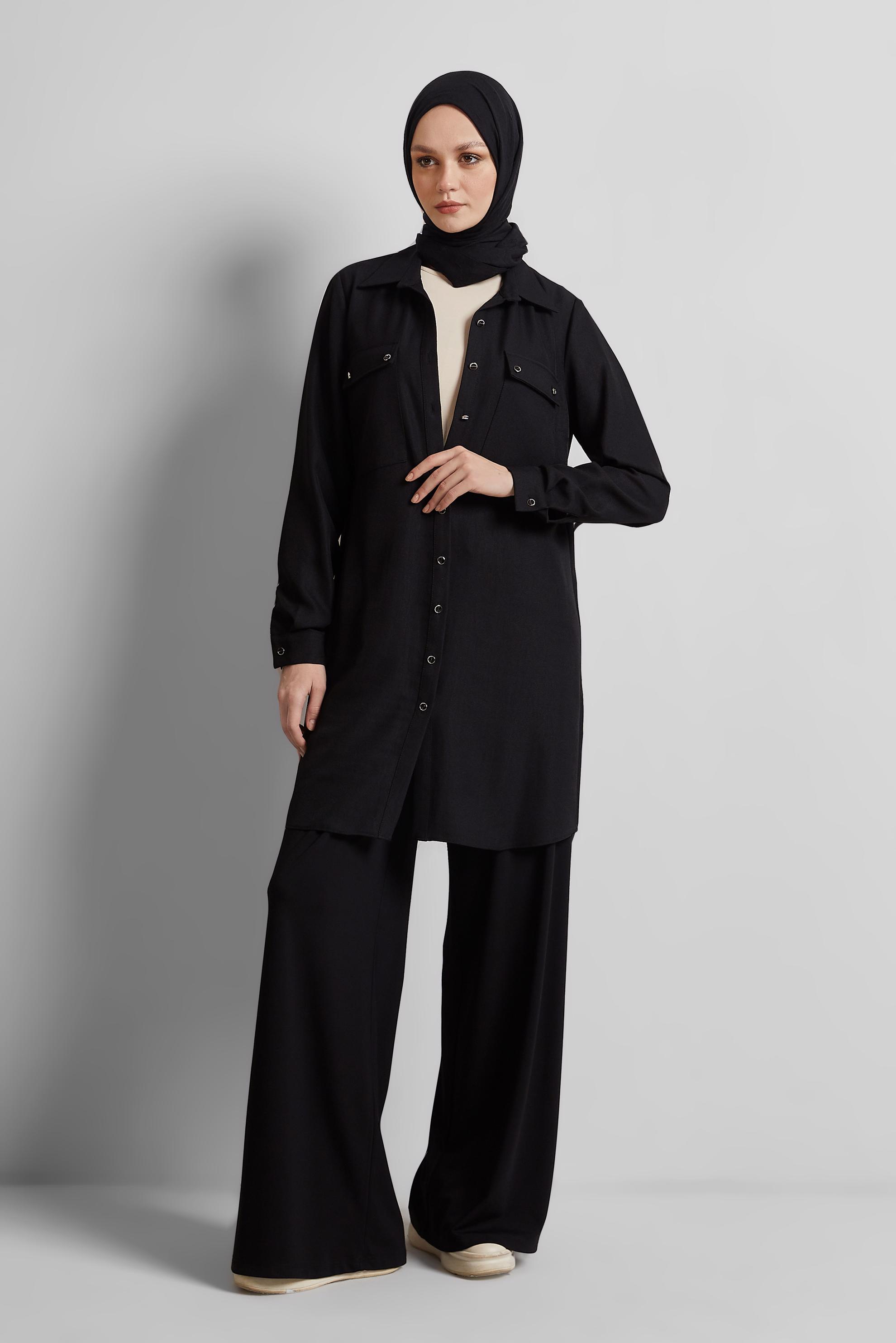 Tesettür giyim SİYAH GÖMLEK YAKA TUNİK 44815