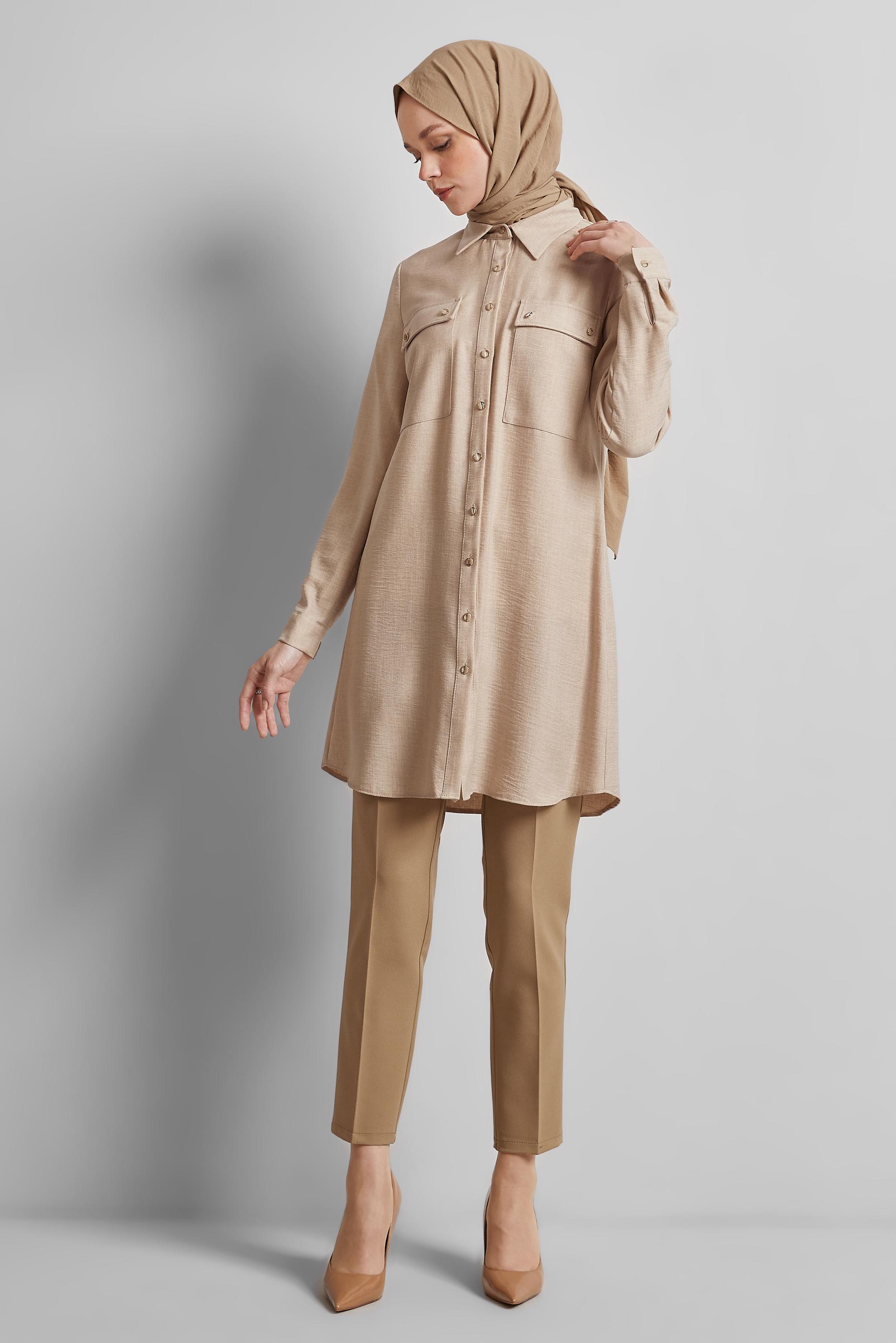 Tesettür giyim BEJ GÖMLEK YAKA TUNİK 44815