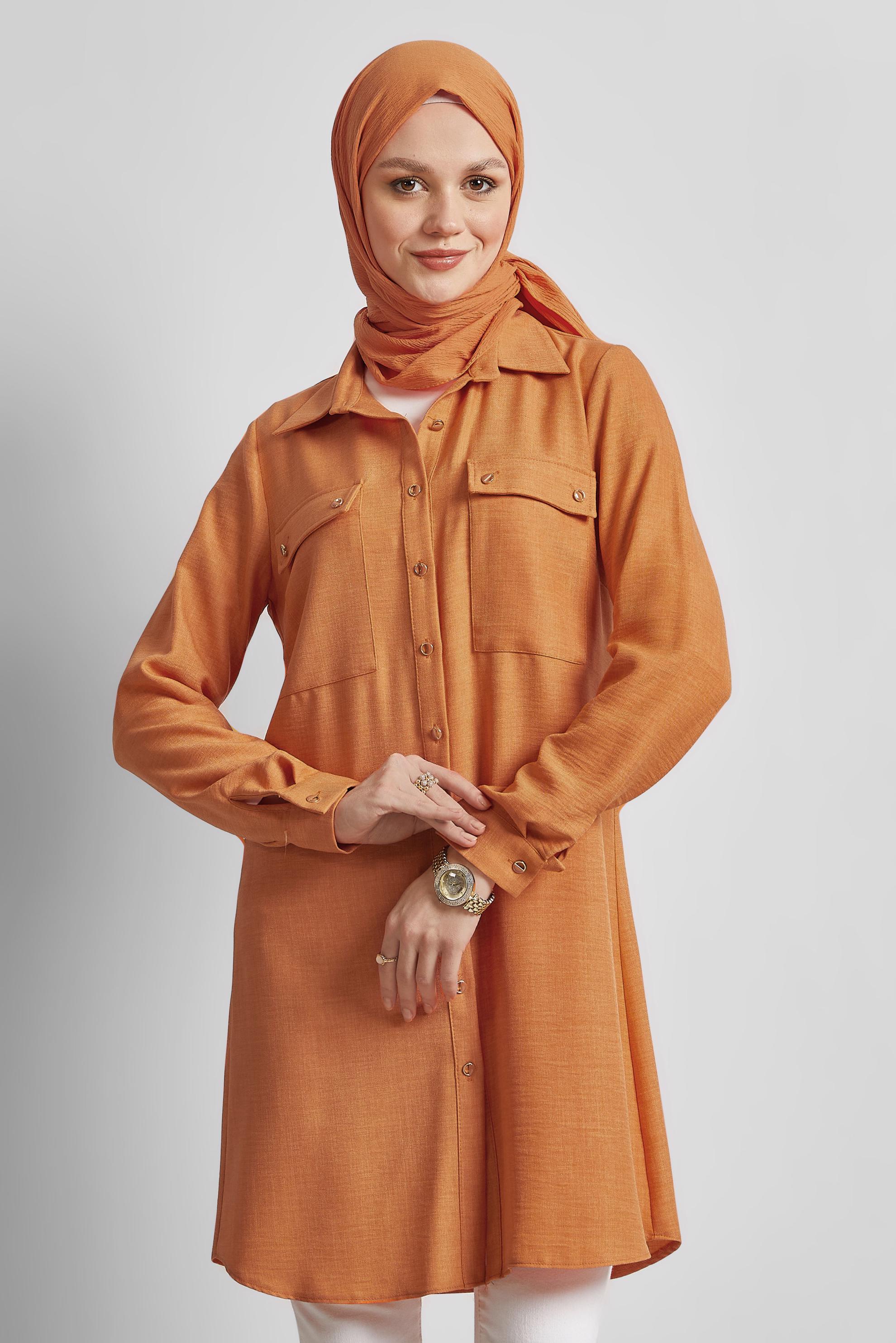 Tesettür giyim TURUNCU GÖMLEK YAKA TUNİK 44815