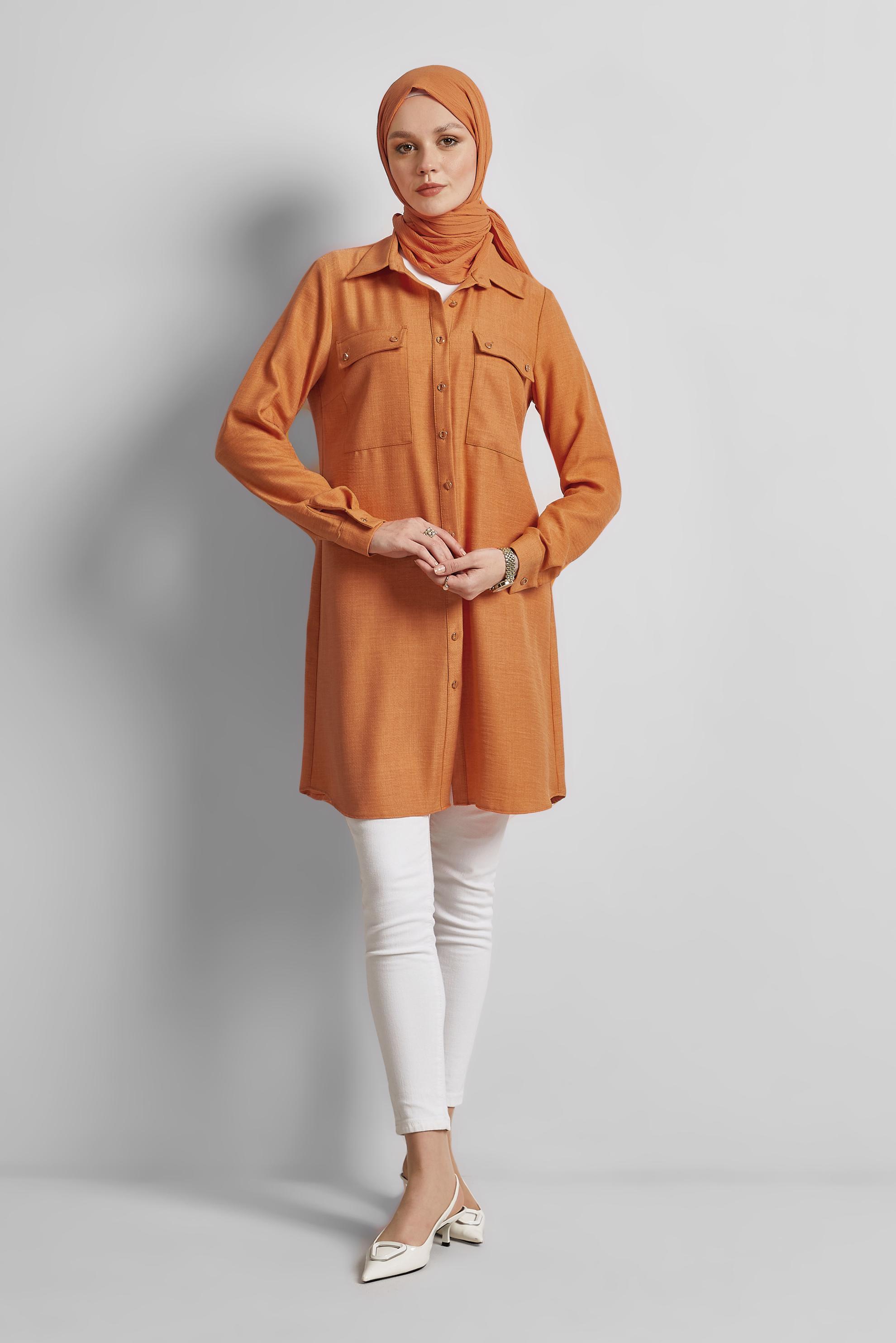 Tesettür giyim TURUNCU GÖMLEK YAKA TUNİK 44815