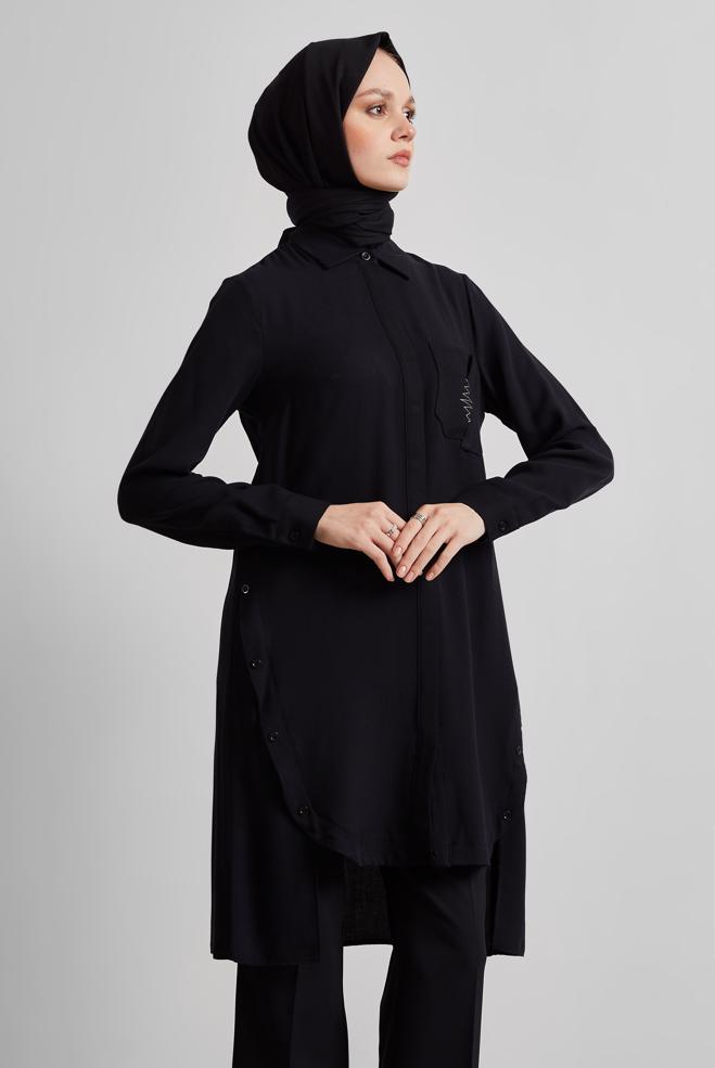 Tesettür giyim SİYAH ASİMETRİK KESİM TUNİK 44816 - ALVİNA