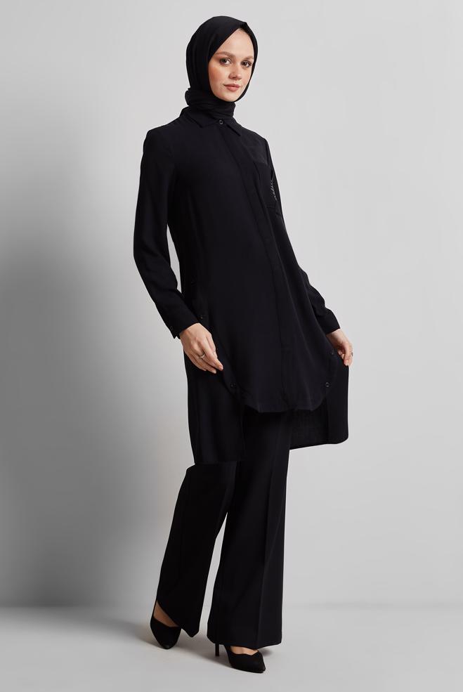 Tesettür giyim SİYAH ASİMETRİK KESİM TUNİK 44816 - ALVİNA