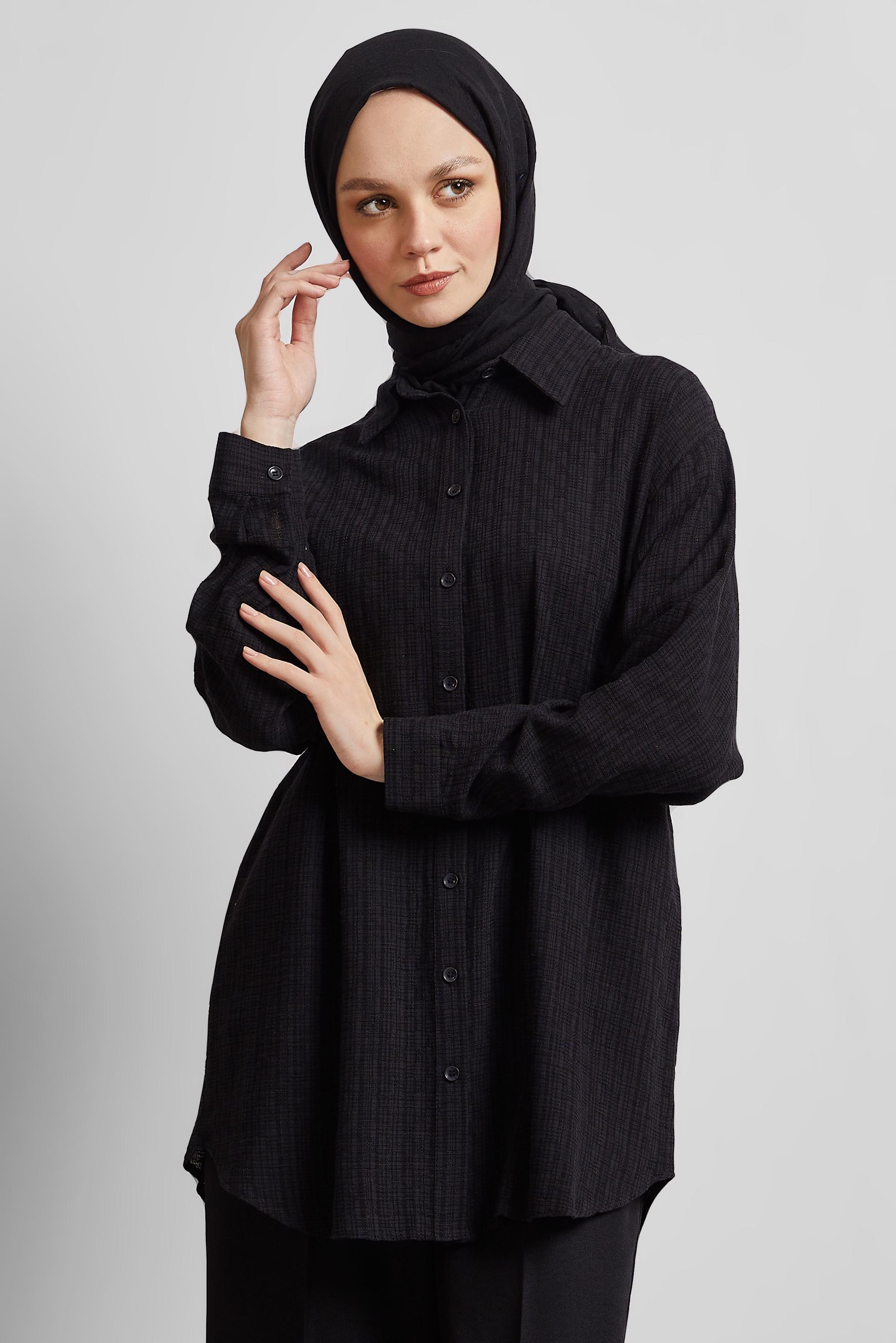 Tesettür giyim SİYAH GÖMLEK YAKA TUNİK 44818